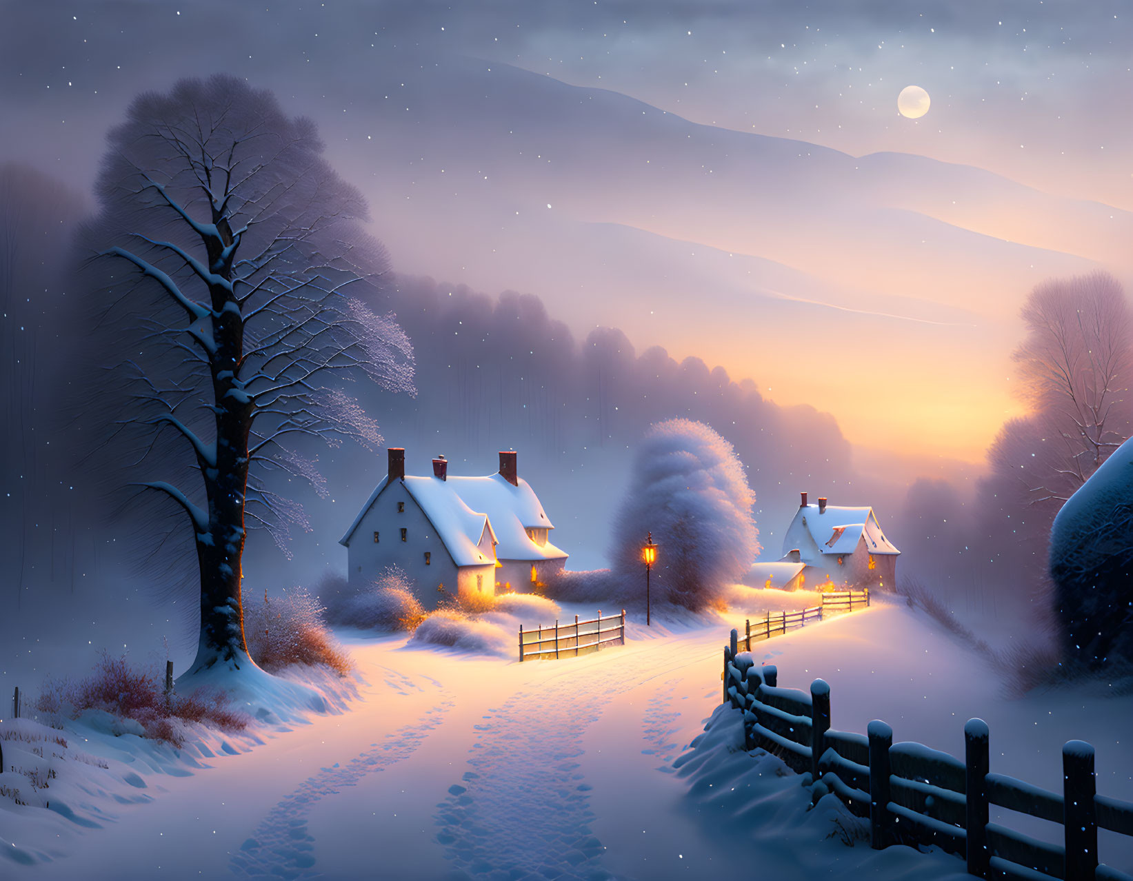 Snow-covered winter night scene with houses, leafless tree, lanterns, fence, footprints,