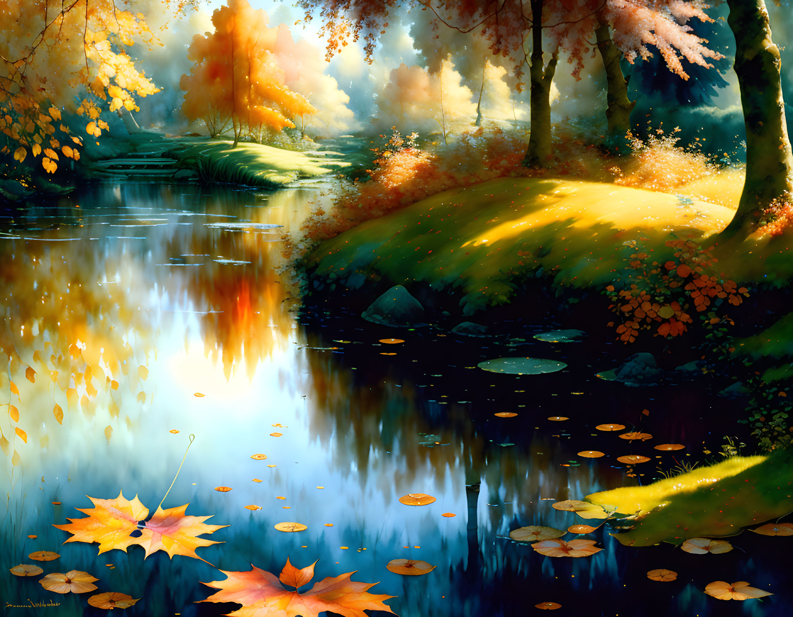 Tranquil autumn pond with colorful trees and fallen leaves