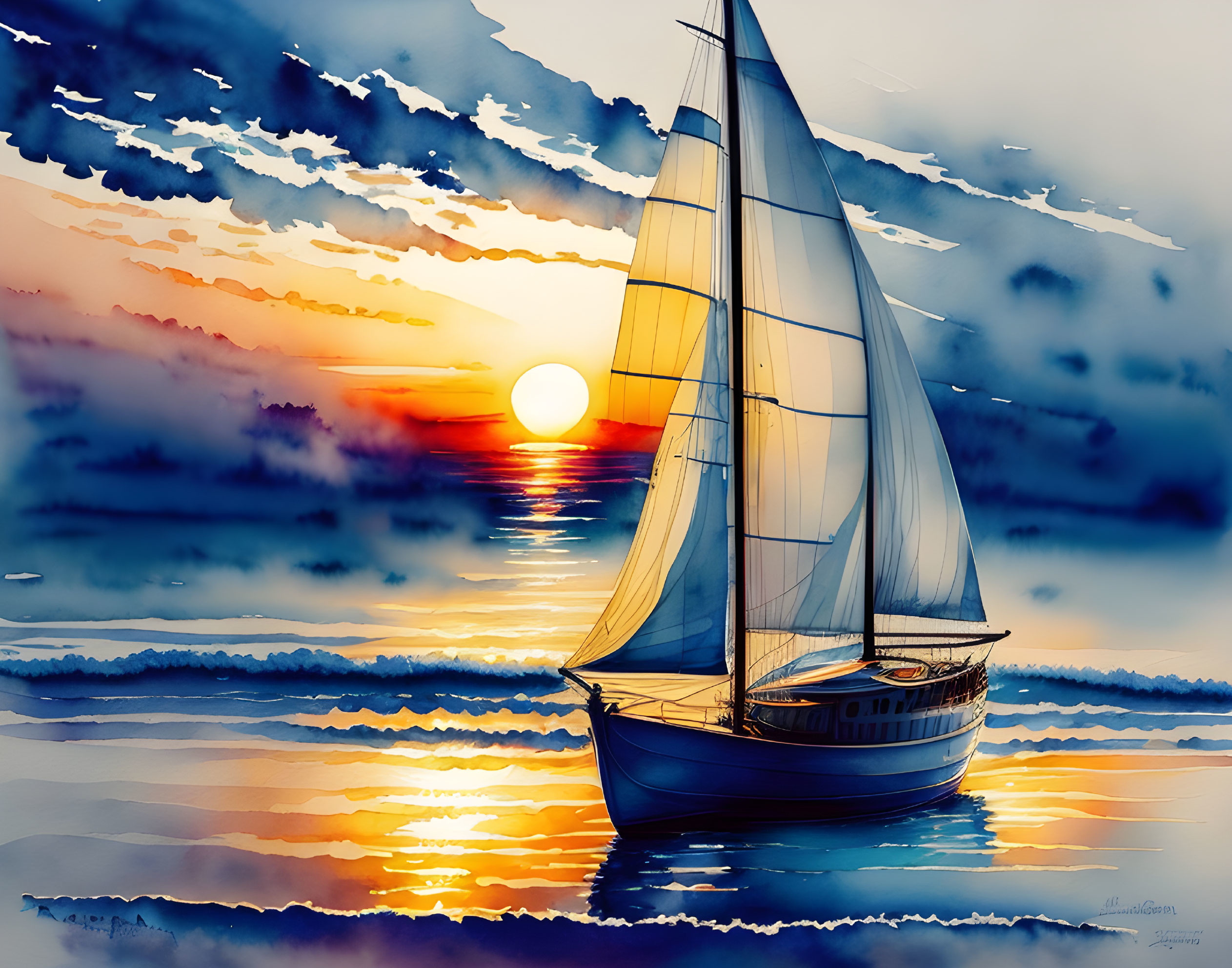 Sailboat on tranquil waters at sunset with vivid reflections