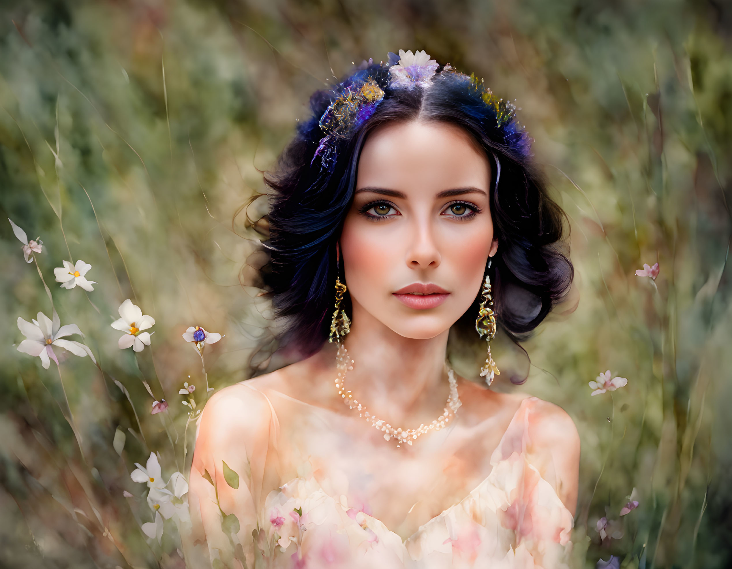 Dark-haired woman in floral headpiece, gold jewelry, against flower background.