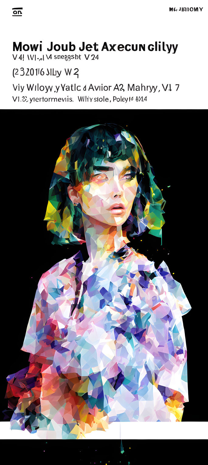 Colorful abstract digital portrait of a woman with short hair in geometric style