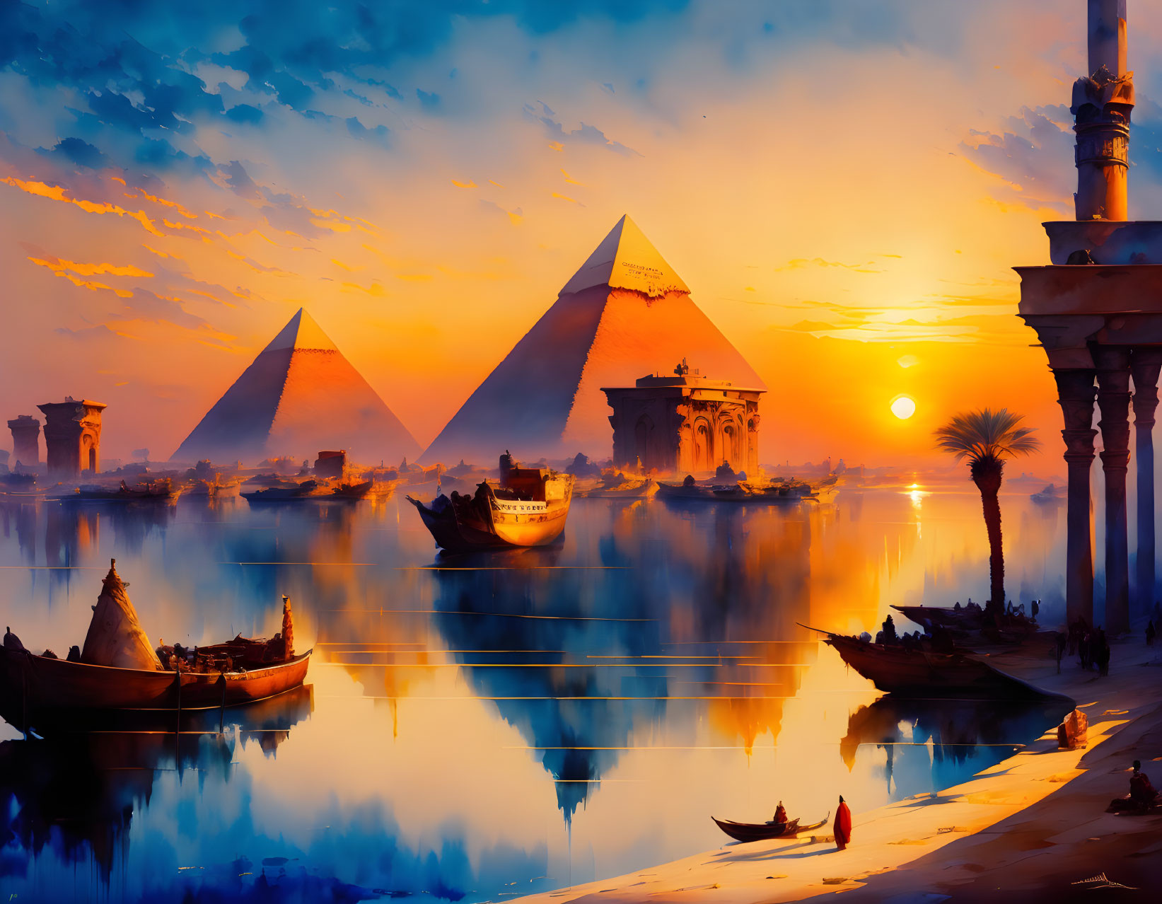 Vibrant Nile River sunset with Great Pyramids silhouettes