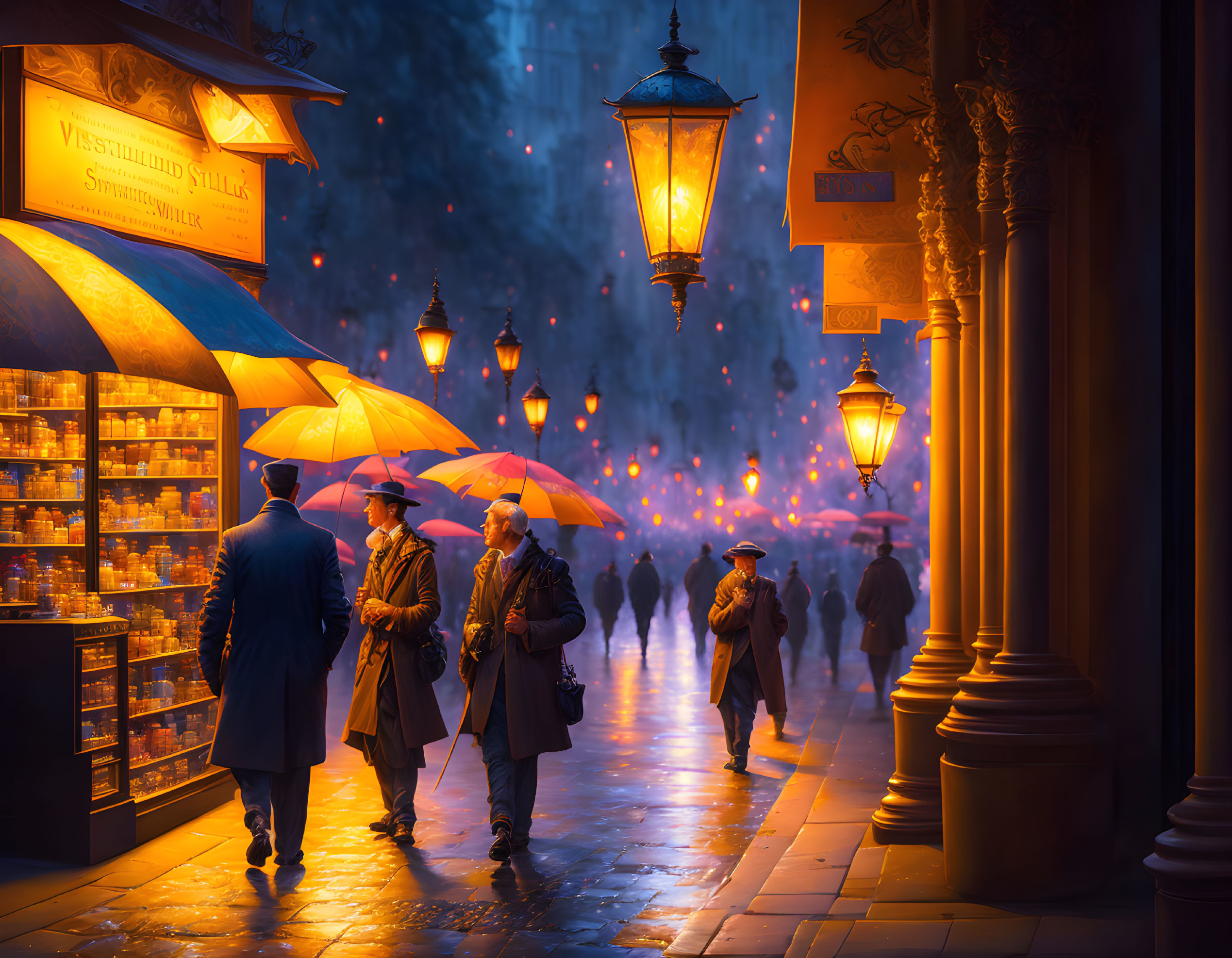 Nighttime scene of people with umbrellas walking past warmly lit shops under vintage street lamps in gently falling