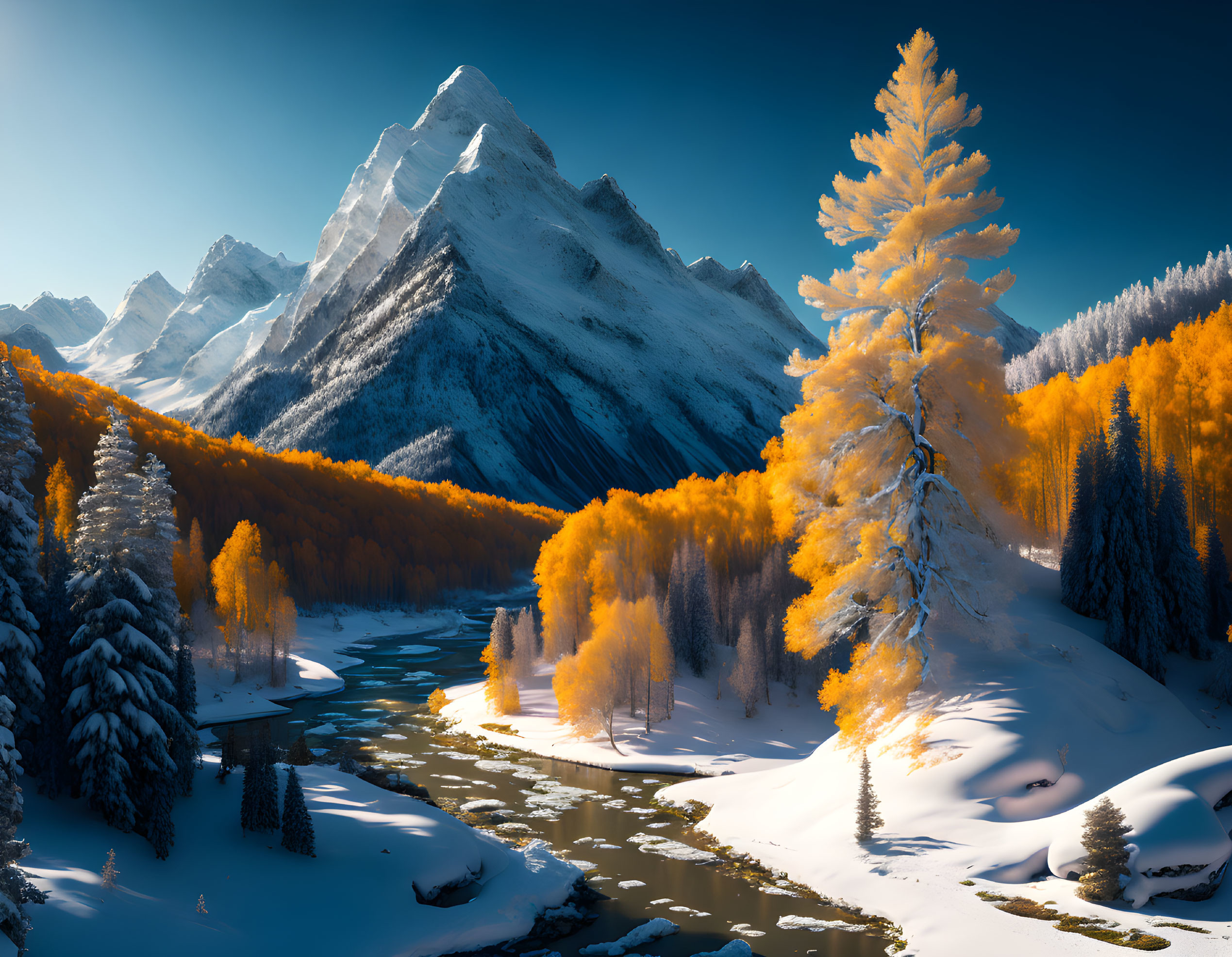 Snowy mountain landscape with winding river, autumnal trees, and evergreen forests under clear blue sky