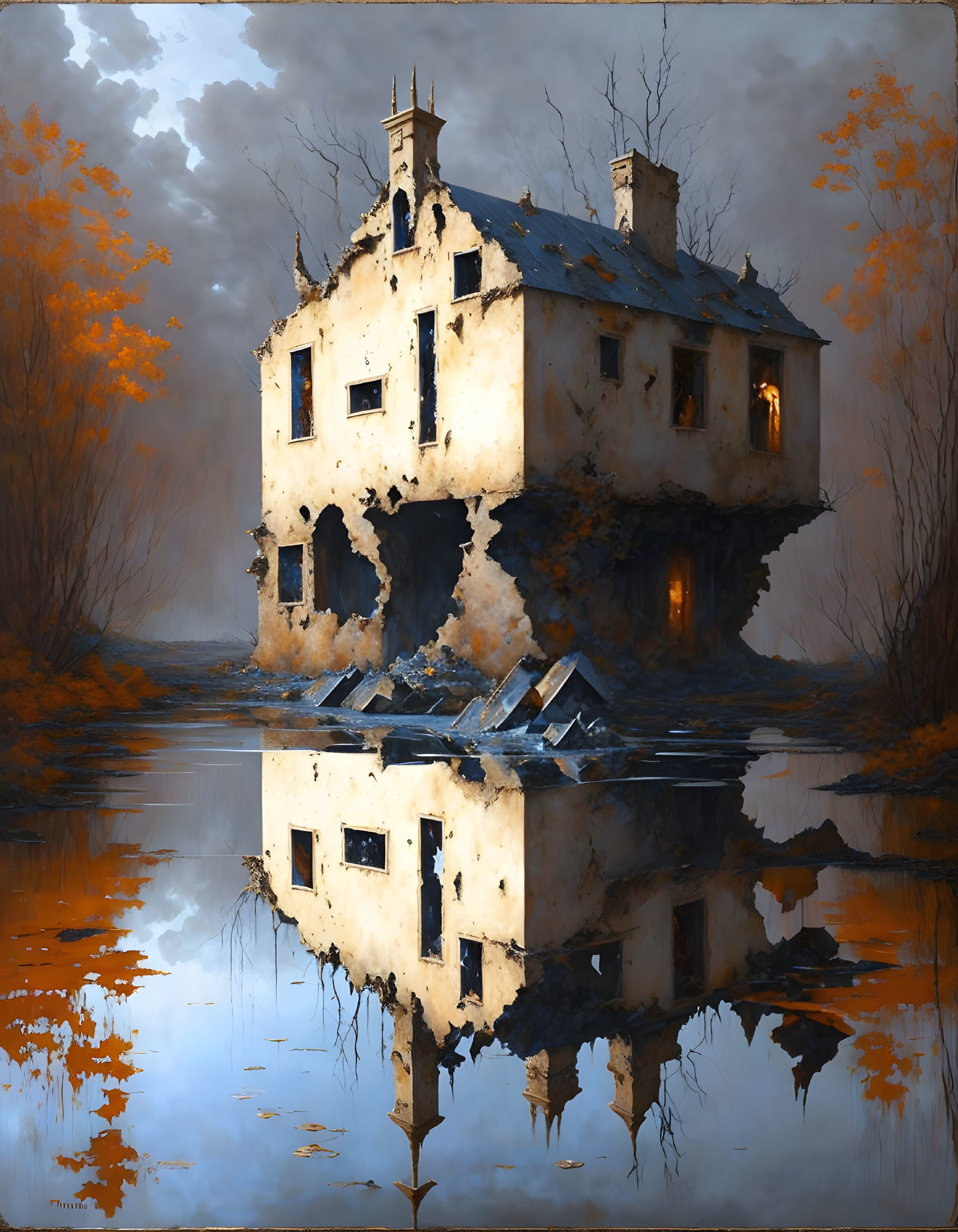 Abandoned two-story house reflected in eerie autumnal landscape