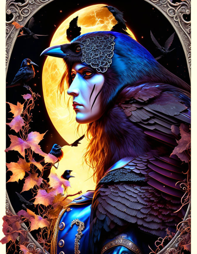 Fantasy illustration of person with crow headpiece and moon surrounded by crows and leaves