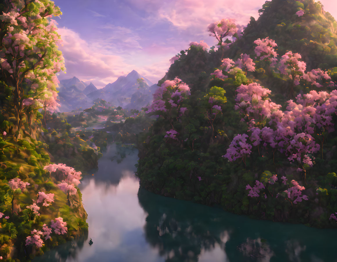 Pink flowering trees, green mountains, calm river: serene landscape at sunrise or sunset