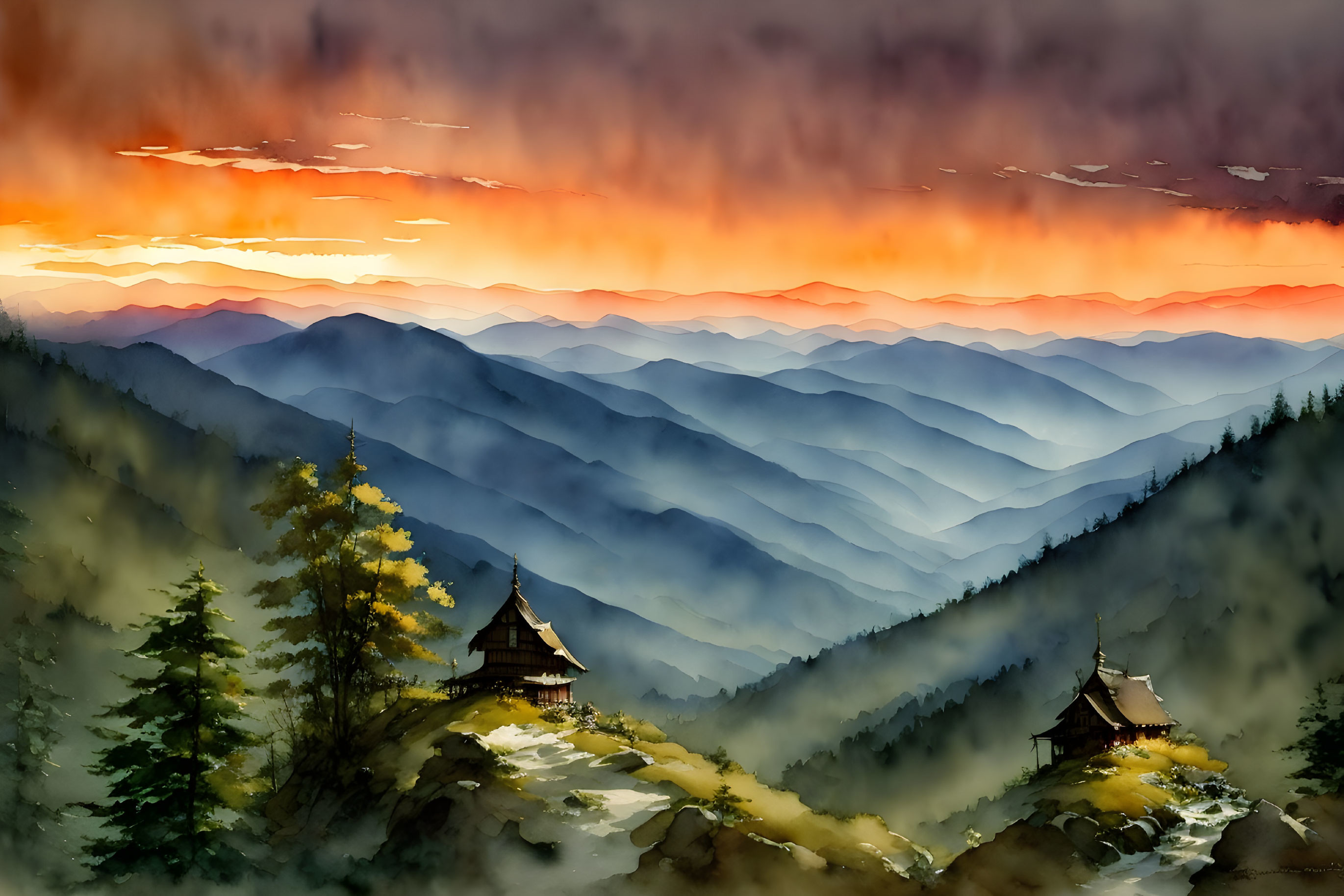 Watercolor landscape: Layered mountains, sunset, traditional building, trees, misty valleys, vibrant