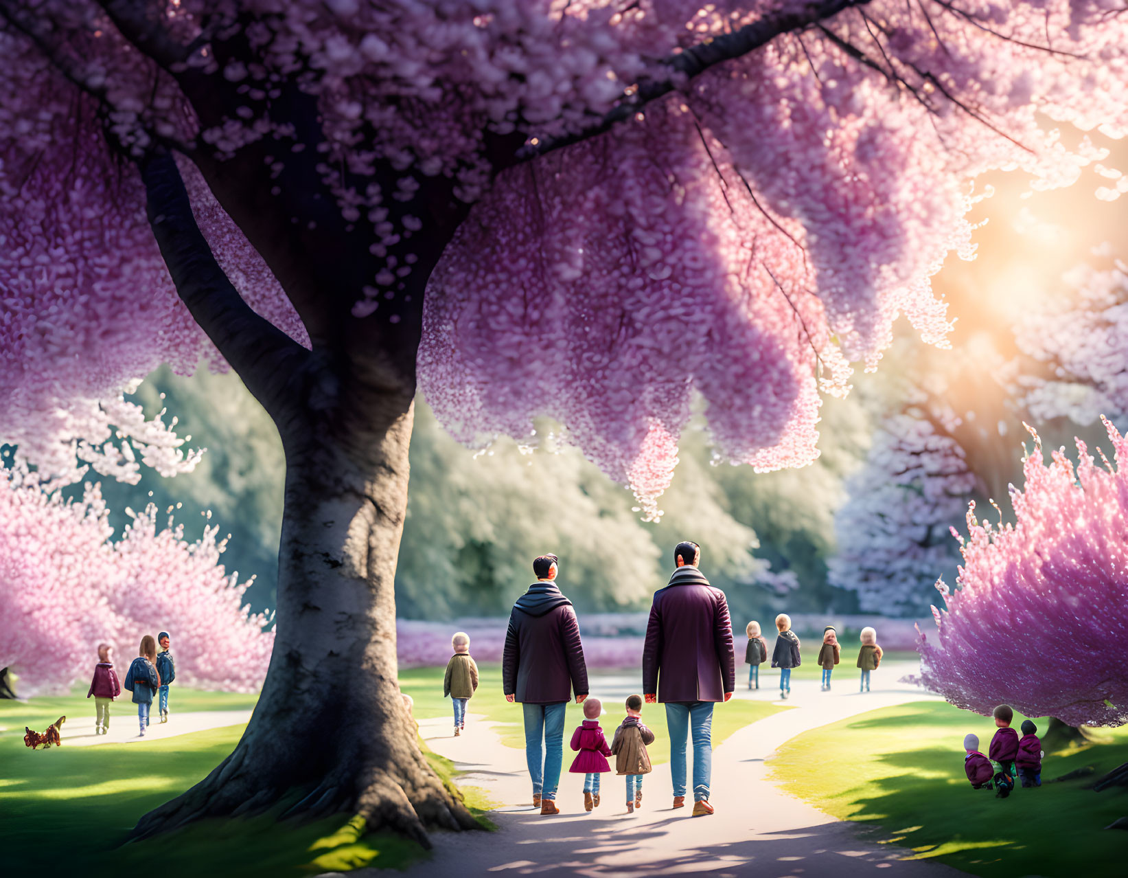 People walking under cherry blossoms in a sunlit park