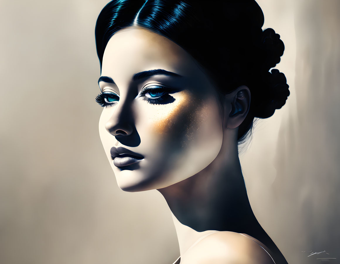 Digital illustration of woman with stylized appearance, blue eyes, subtle ombre, elegant hairdo