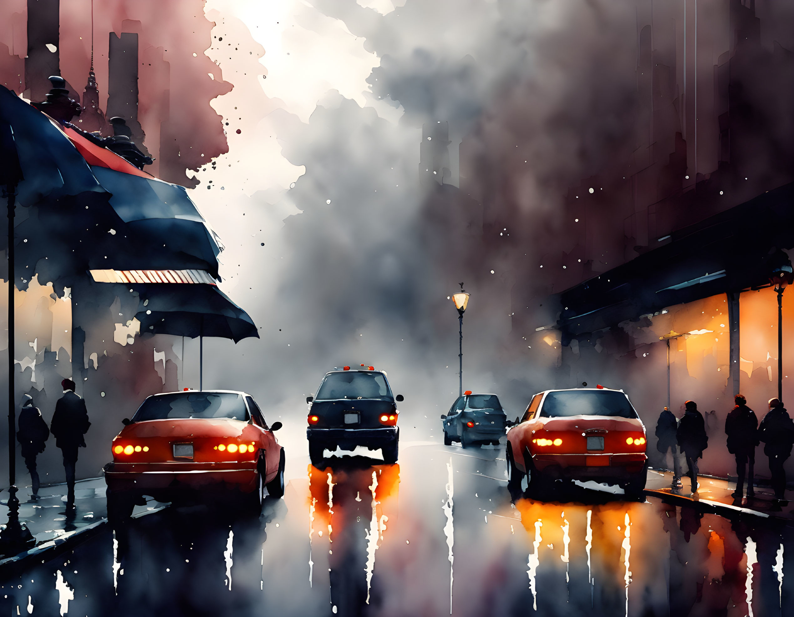 City street scene: Rainy dusk with glowing car lights, pedestrians, and foggy buildings.