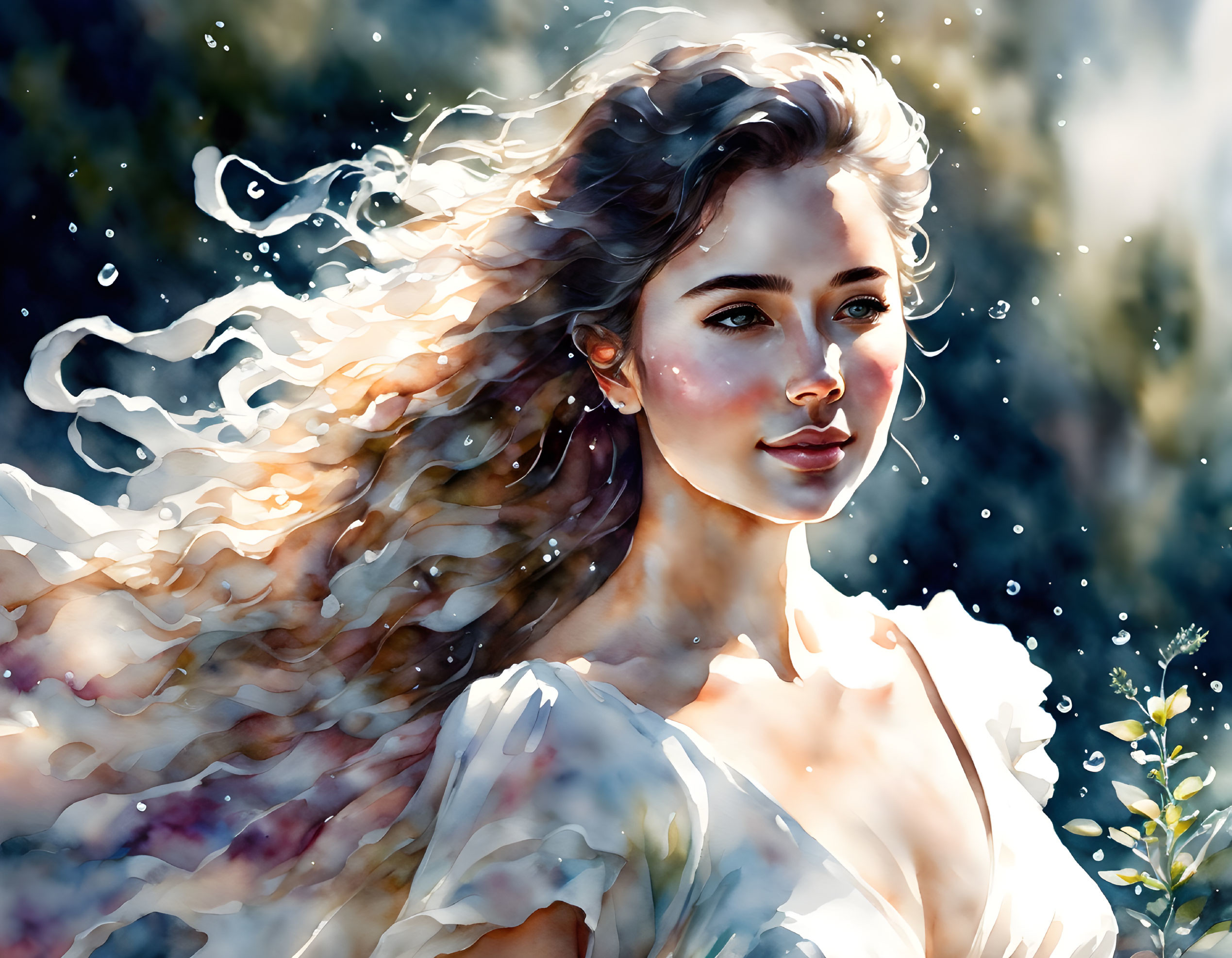 Serene woman painting with flowing hair and water droplet effects