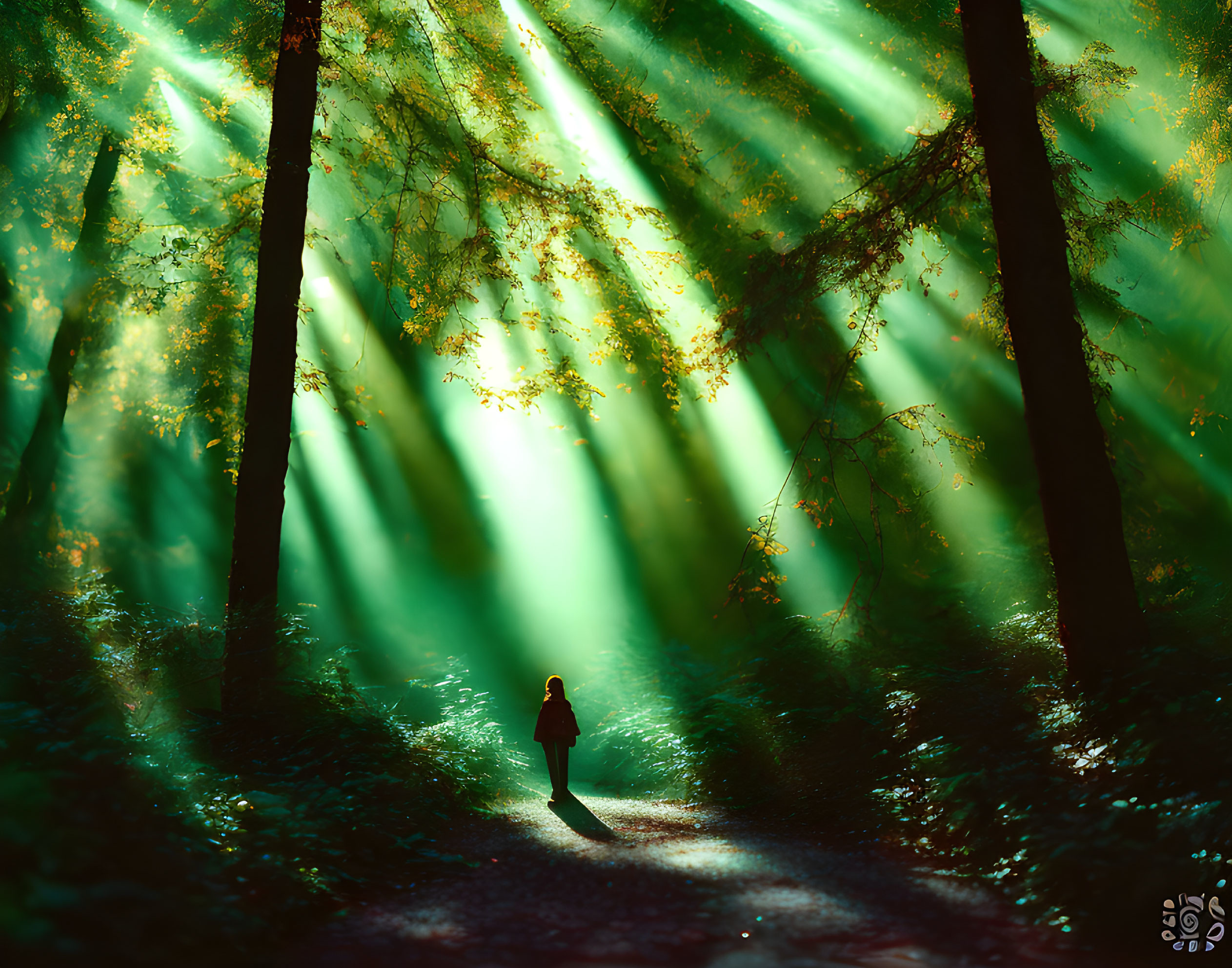 Person in forest with sun rays illuminating mist and foliage