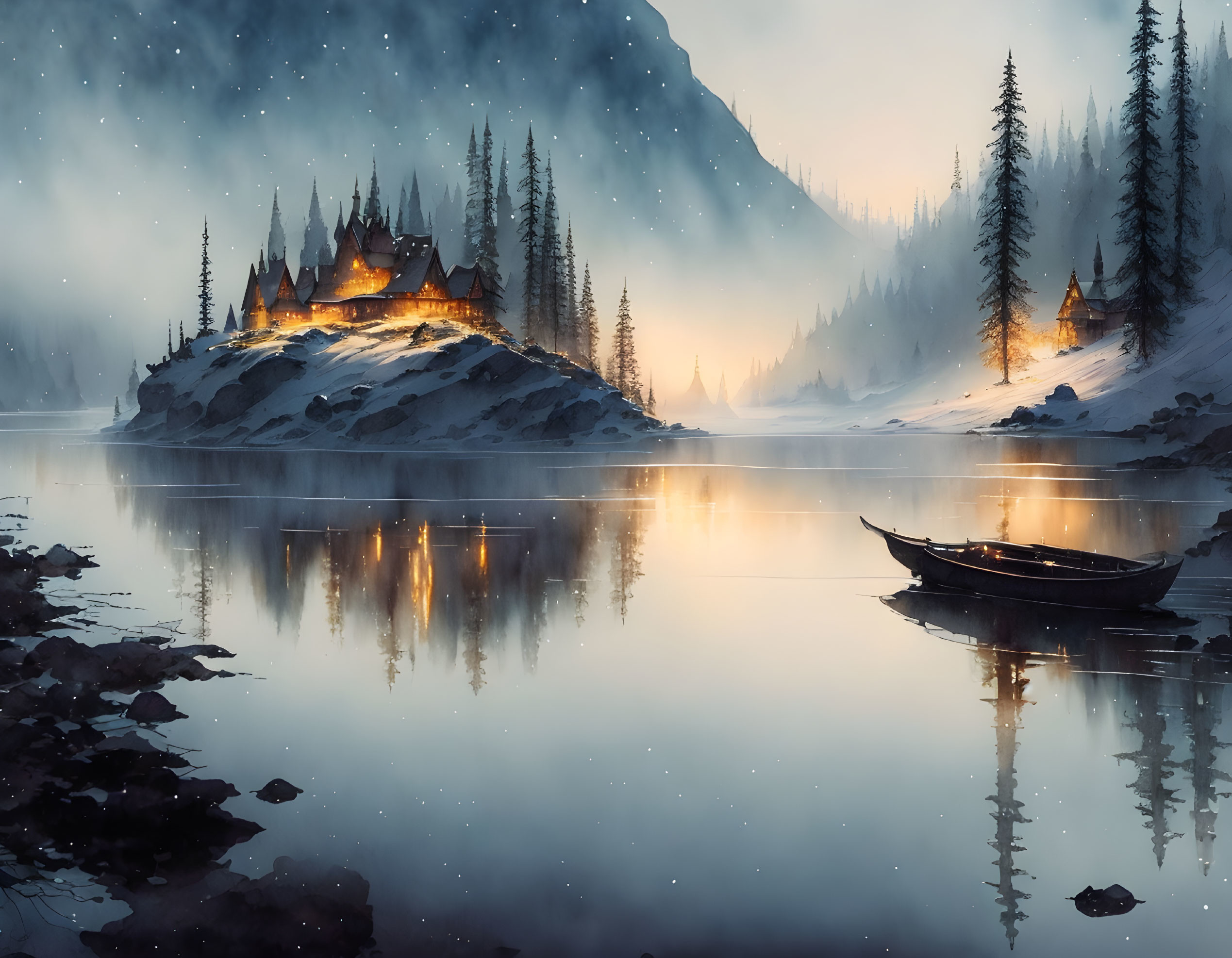 Lake evening scene: castle on islet, pine trees, mist, lone boat.