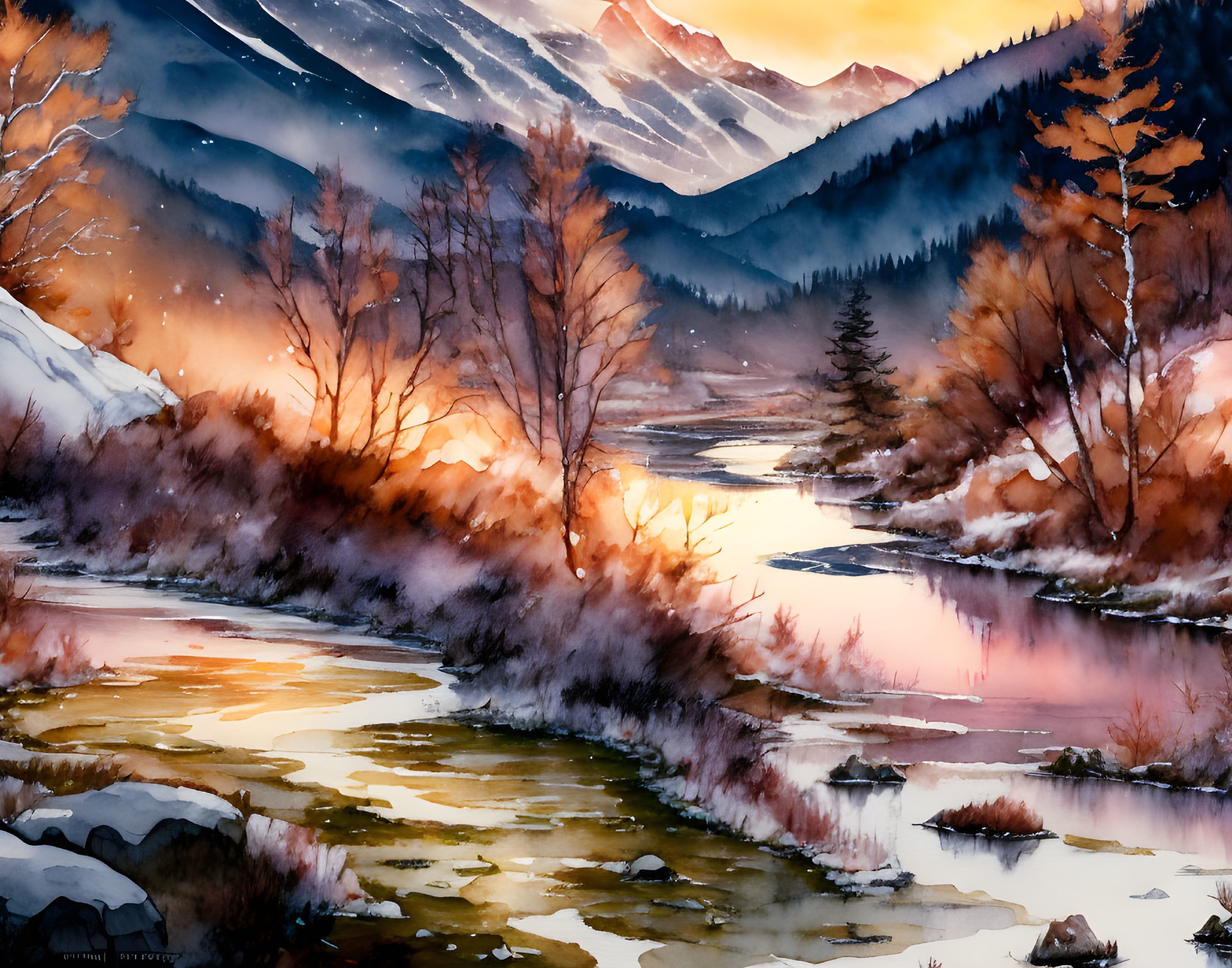 Winter Dusk Landscape with River, Snowy Banks, Trees, and Mountains