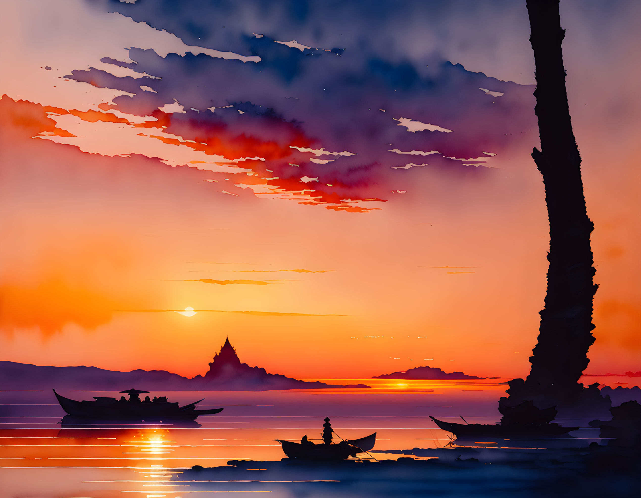 Silhouetted figures row boats on calm water at sunset with vibrant orange sky and distant castle-like