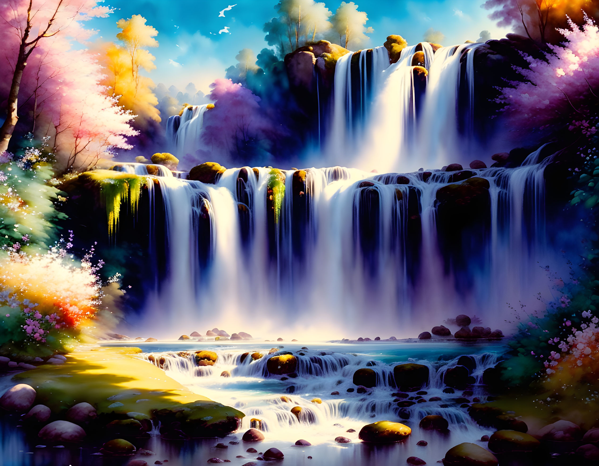 Vibrant foliage frames cascading waterfall under blue sky