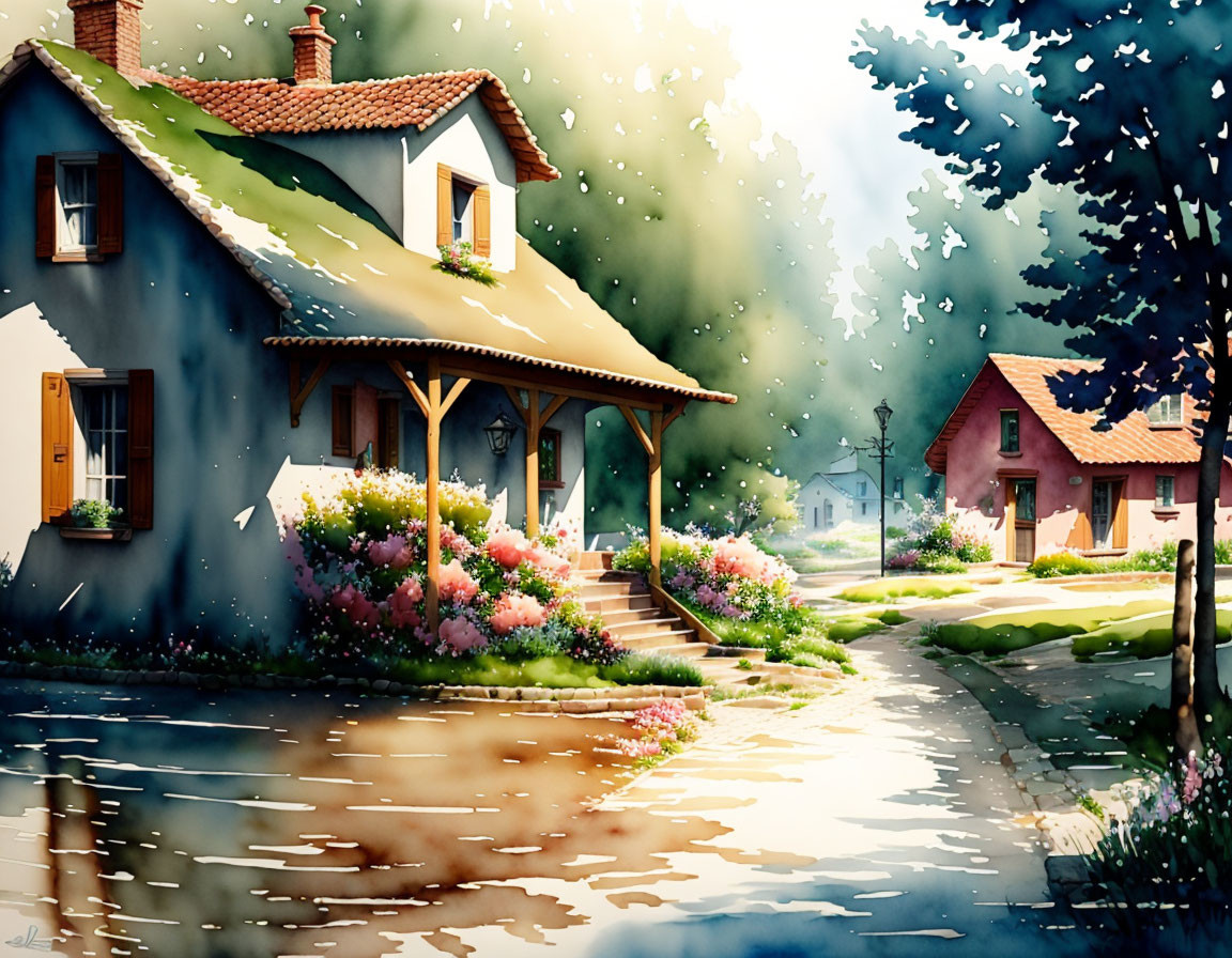 Charming village street scene with blooming flowers in vibrant watercolor