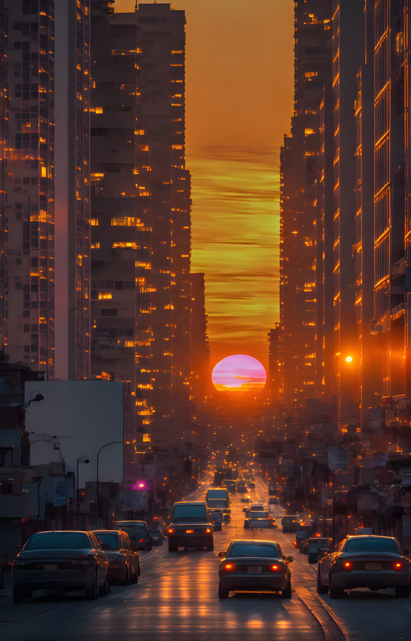 Urban street scene with skyscrapers, cars, and vibrant sunset glow