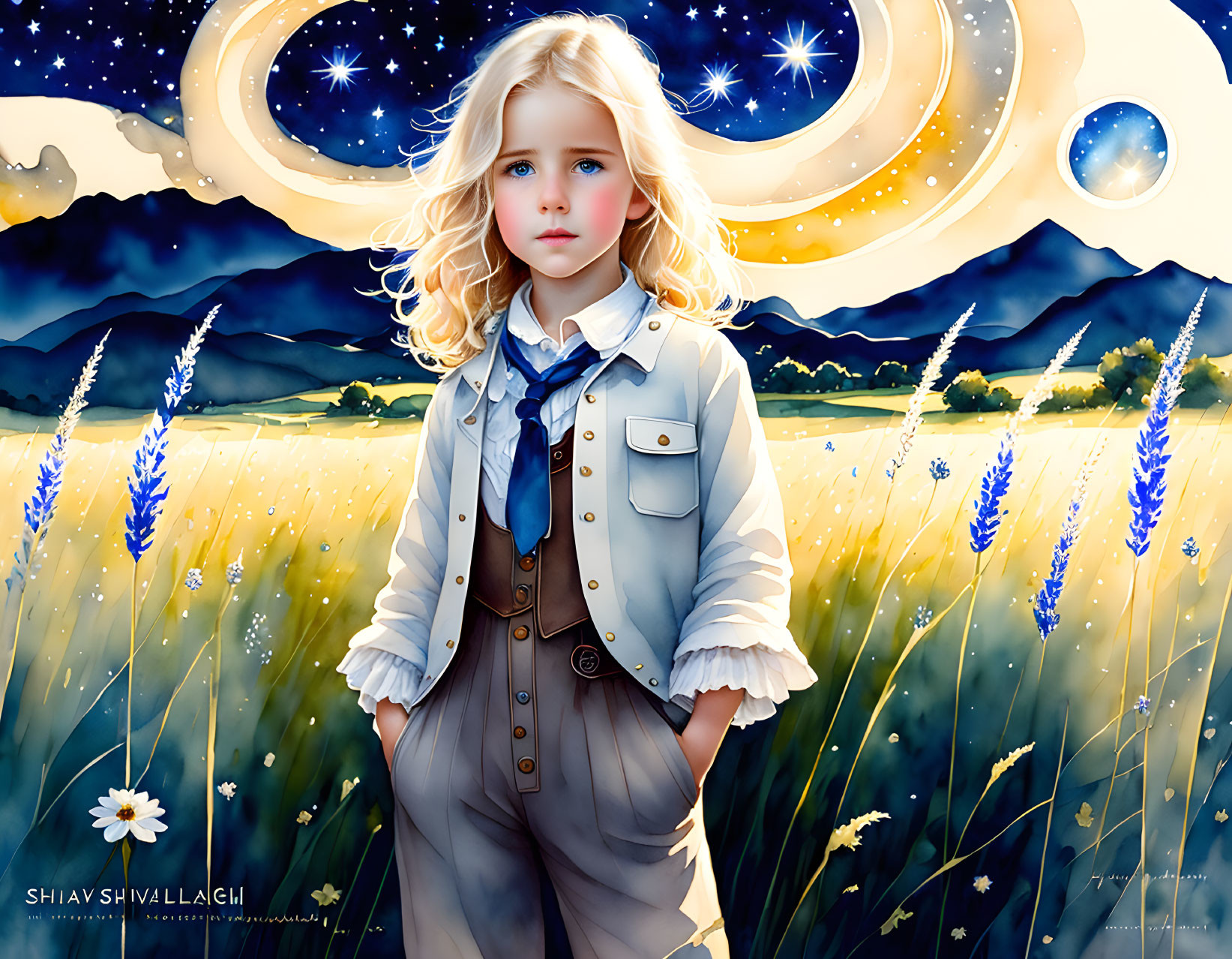 Stylized illustration of young girl in field with purple flowers, mountains, and cosmic backdrop