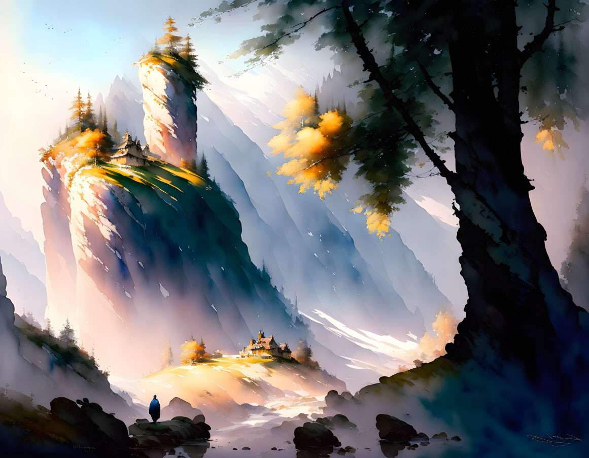 Misty mountains, sunlit castle, autumn trees, and lone figure in vibrant painting