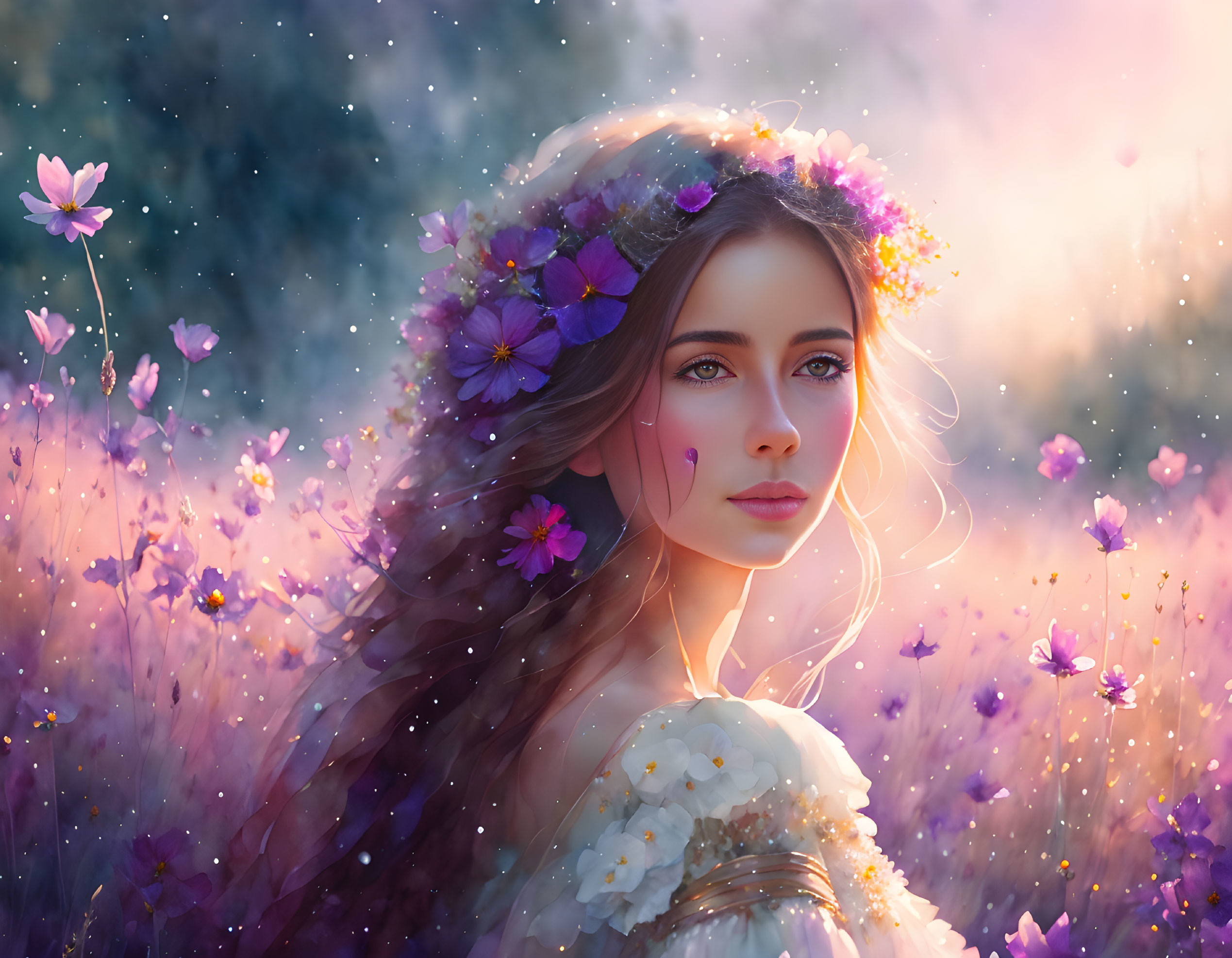 Woman with floral crown in dreamy purple flower field under soft sunlight