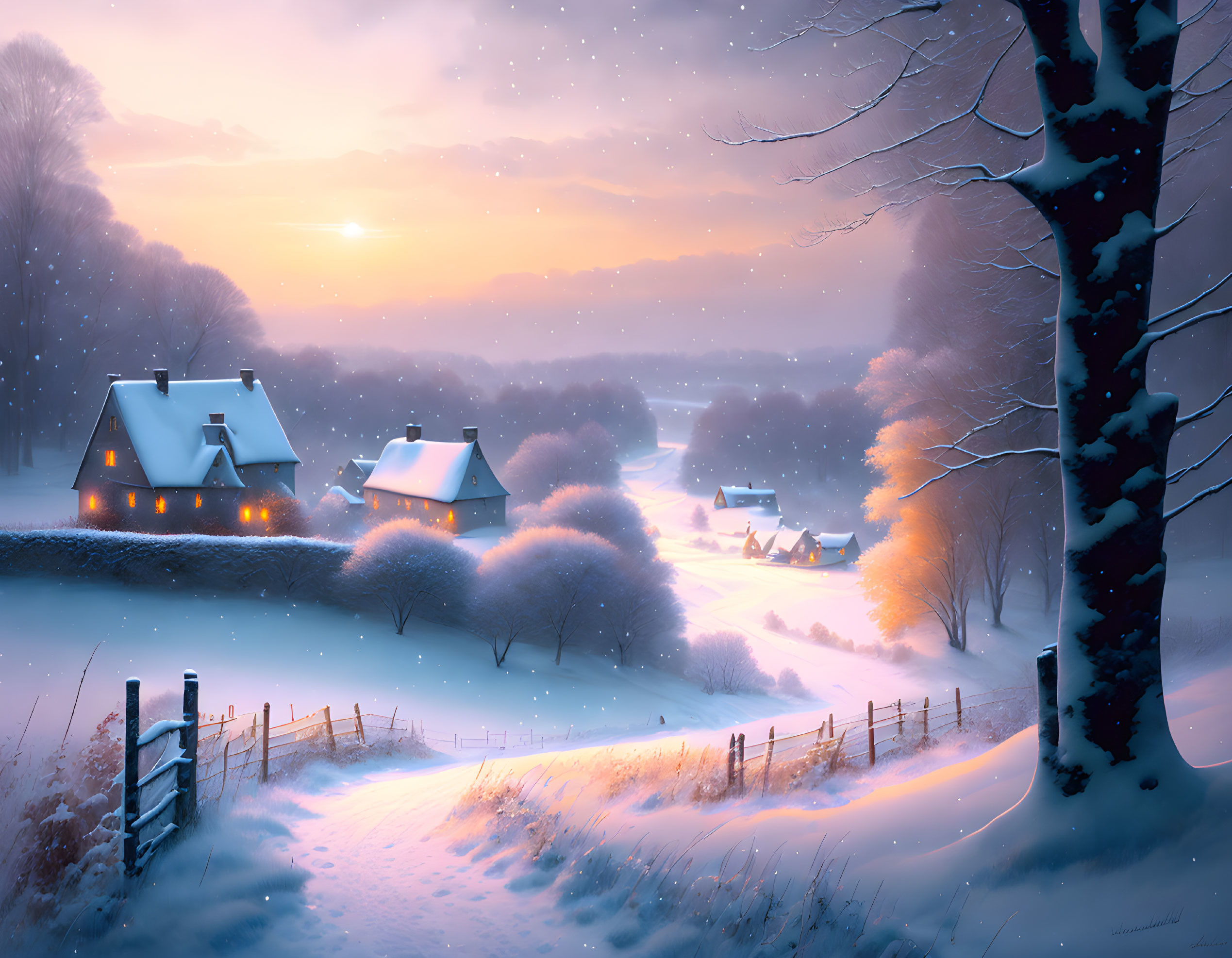 Snow-covered cottages and sunset sky in tranquil winter scene