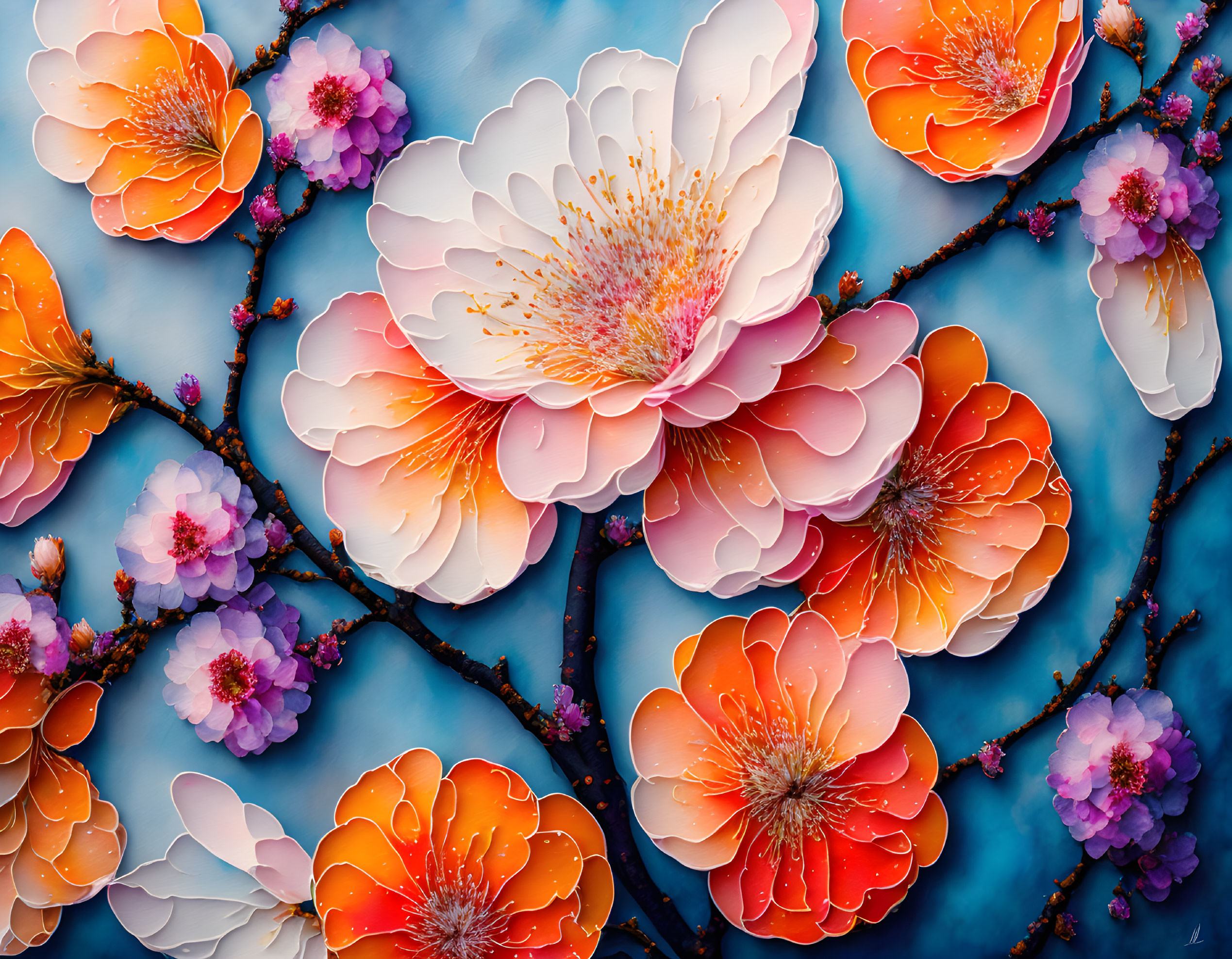 Vibrant Orange and White Blossoms on Teal Blue Background