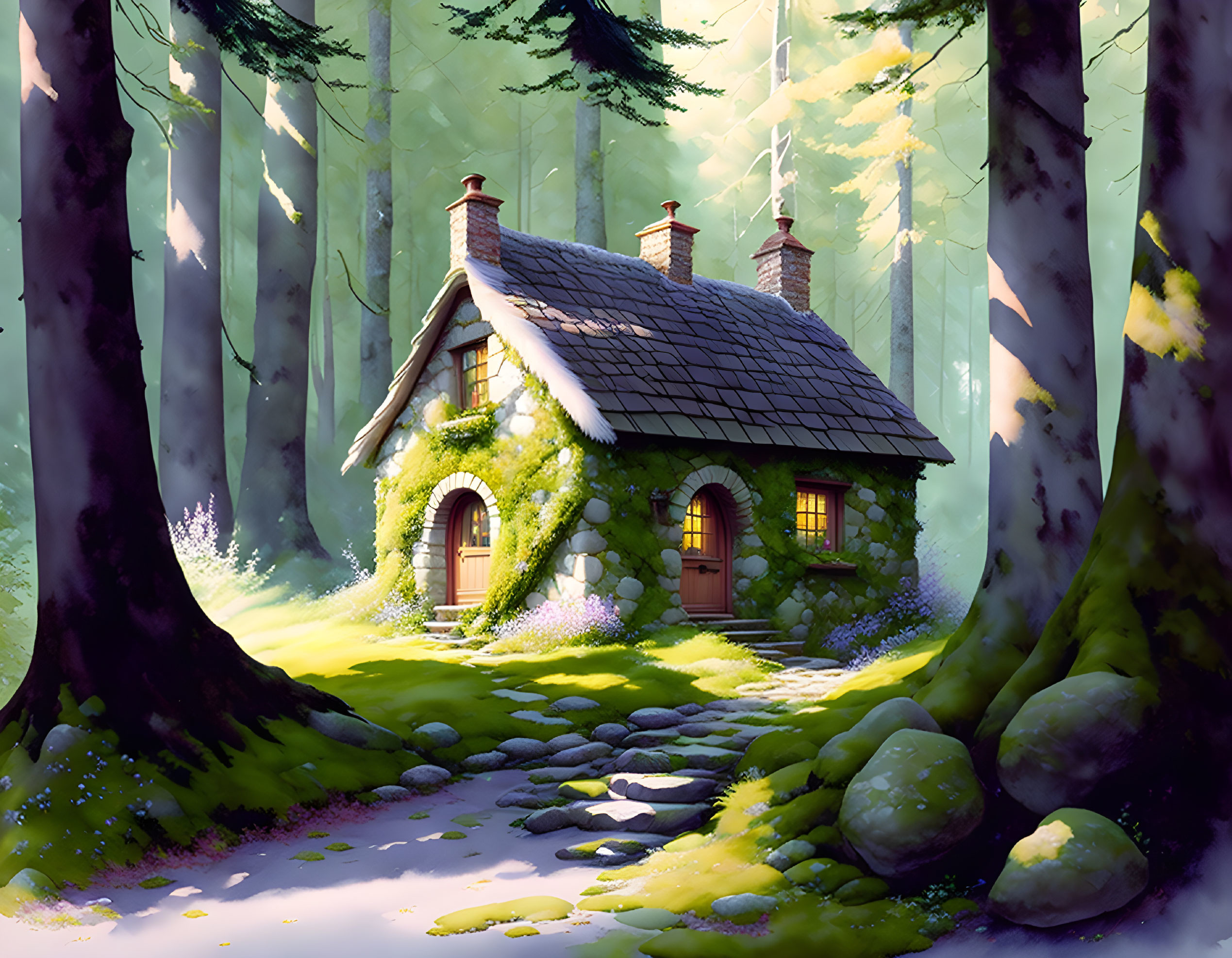 Moss-covered cottage in forest with twin chimneys and stone path