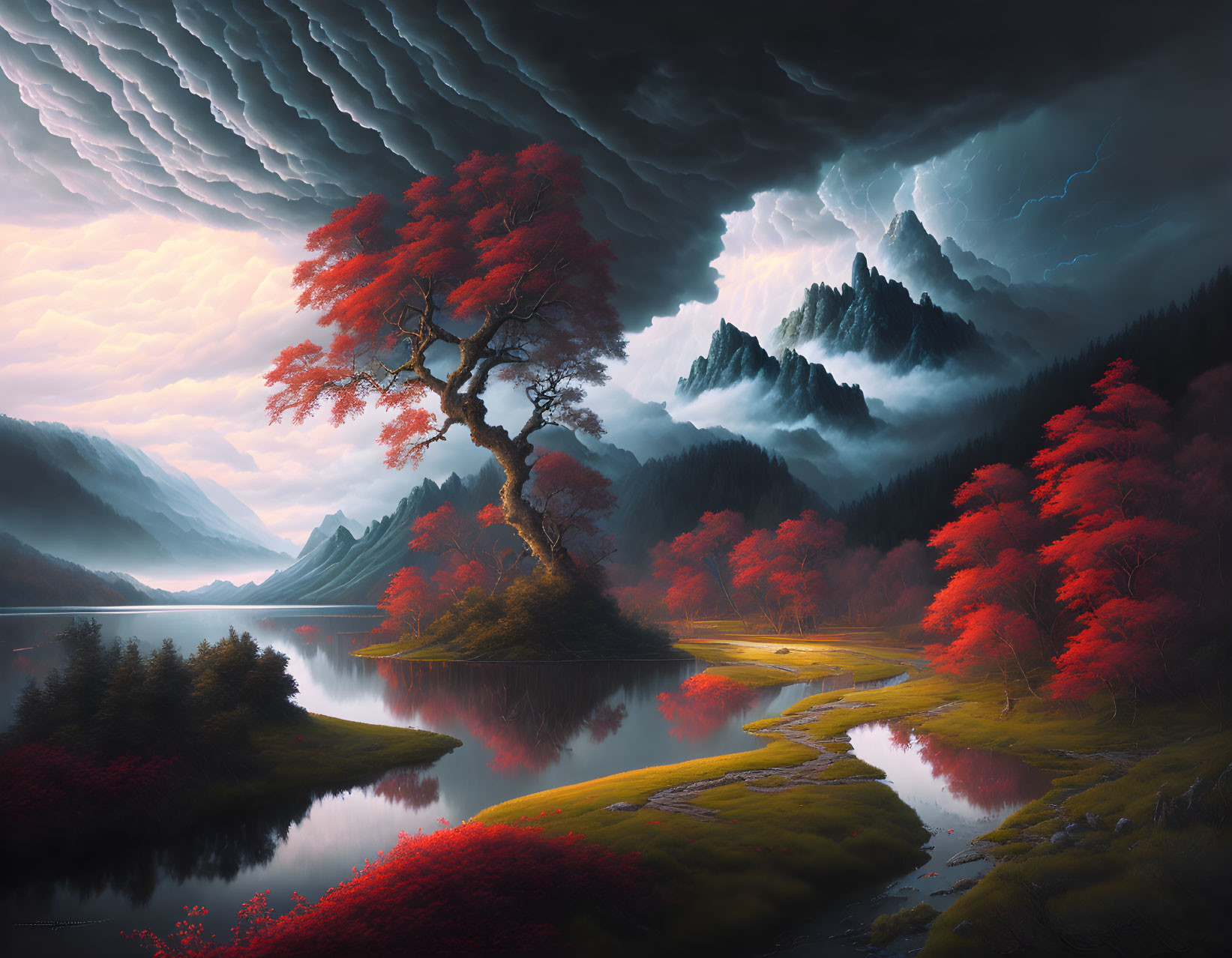 Dramatic landscape with red foliage trees, meandering river, stormy sky.