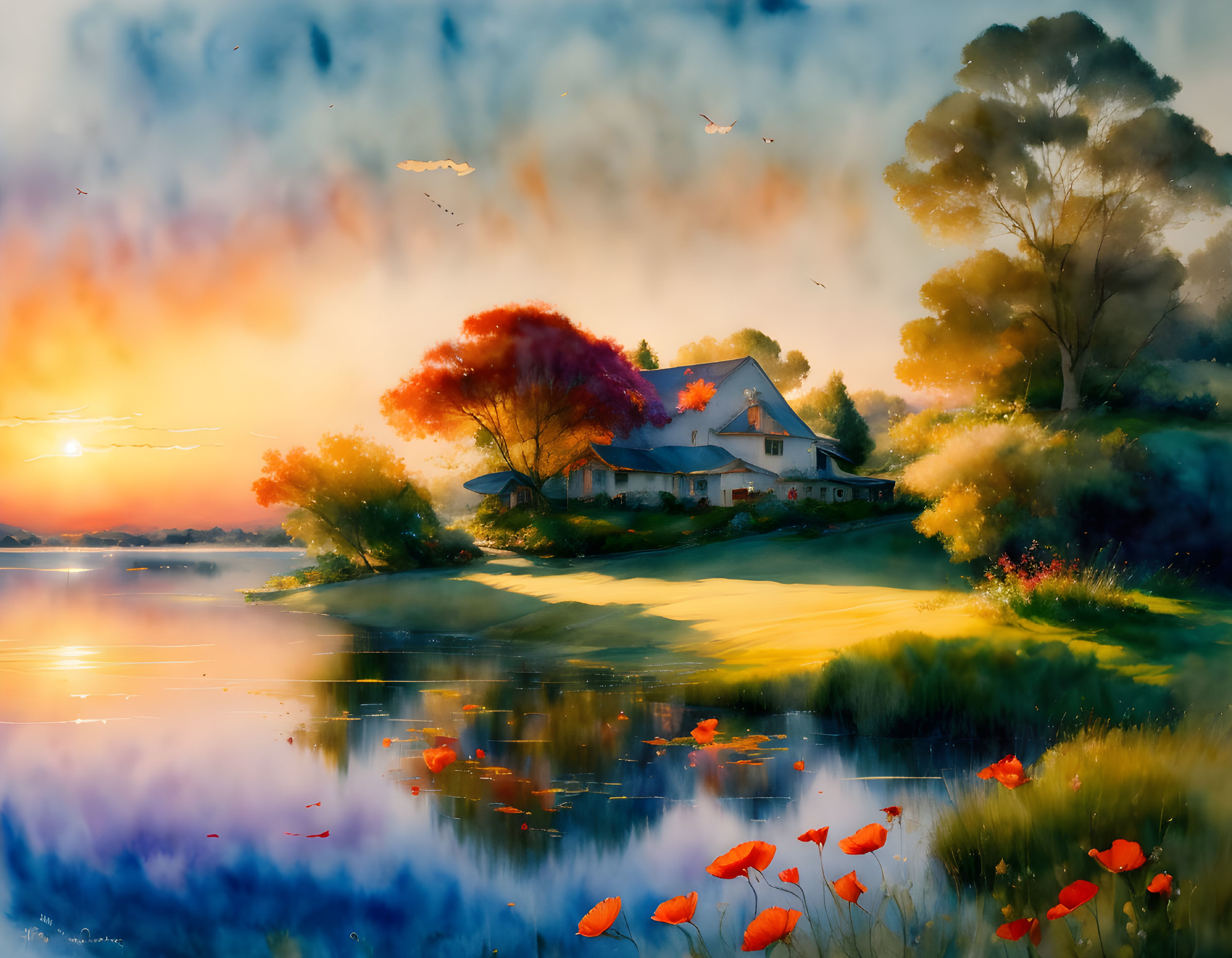 Tranquil lakeside sunset with cozy house, vibrant foliage, reflecting water, and flying birds