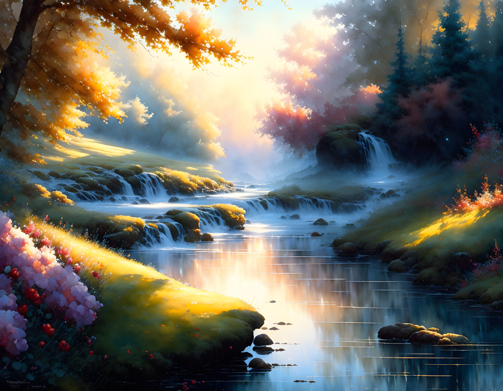 Tranquil forest scene with waterfalls, autumn foliage, reflections, and sunlight.