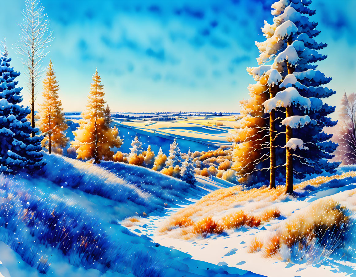 Snow-covered trees in vibrant winter landscape with golden shrubs under clear blue sky