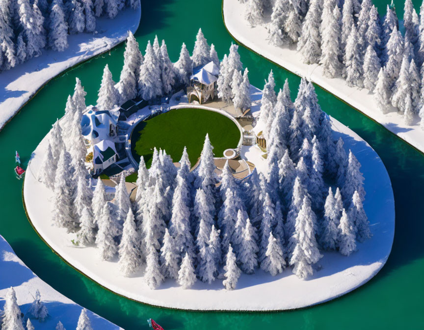 Snowy Island with Coniferous Trees, Circular Clearing, and Turquoise River