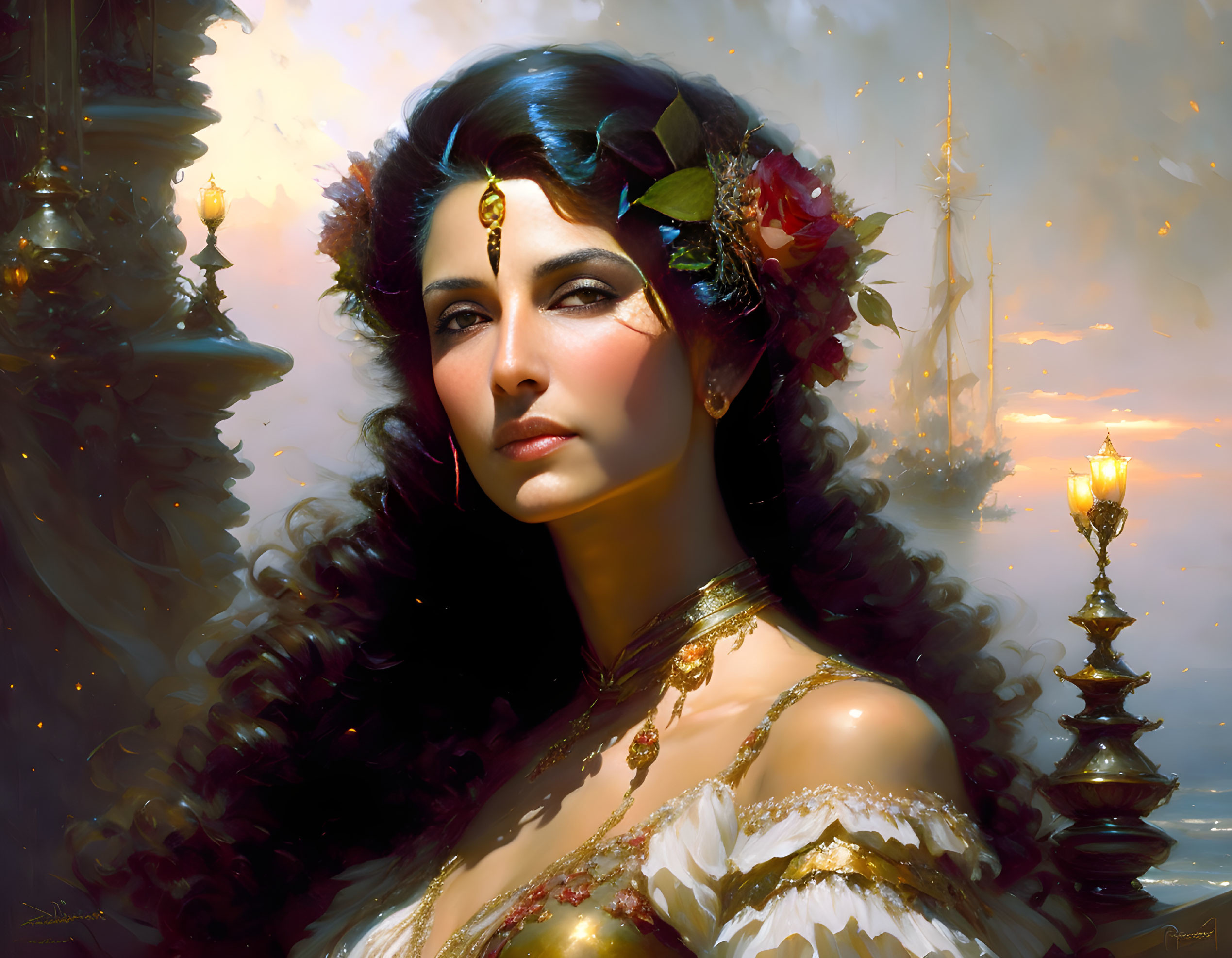 Dark Curly-Haired Woman with Golden Jewelry and Headpiece Beside Candles and Sailboat