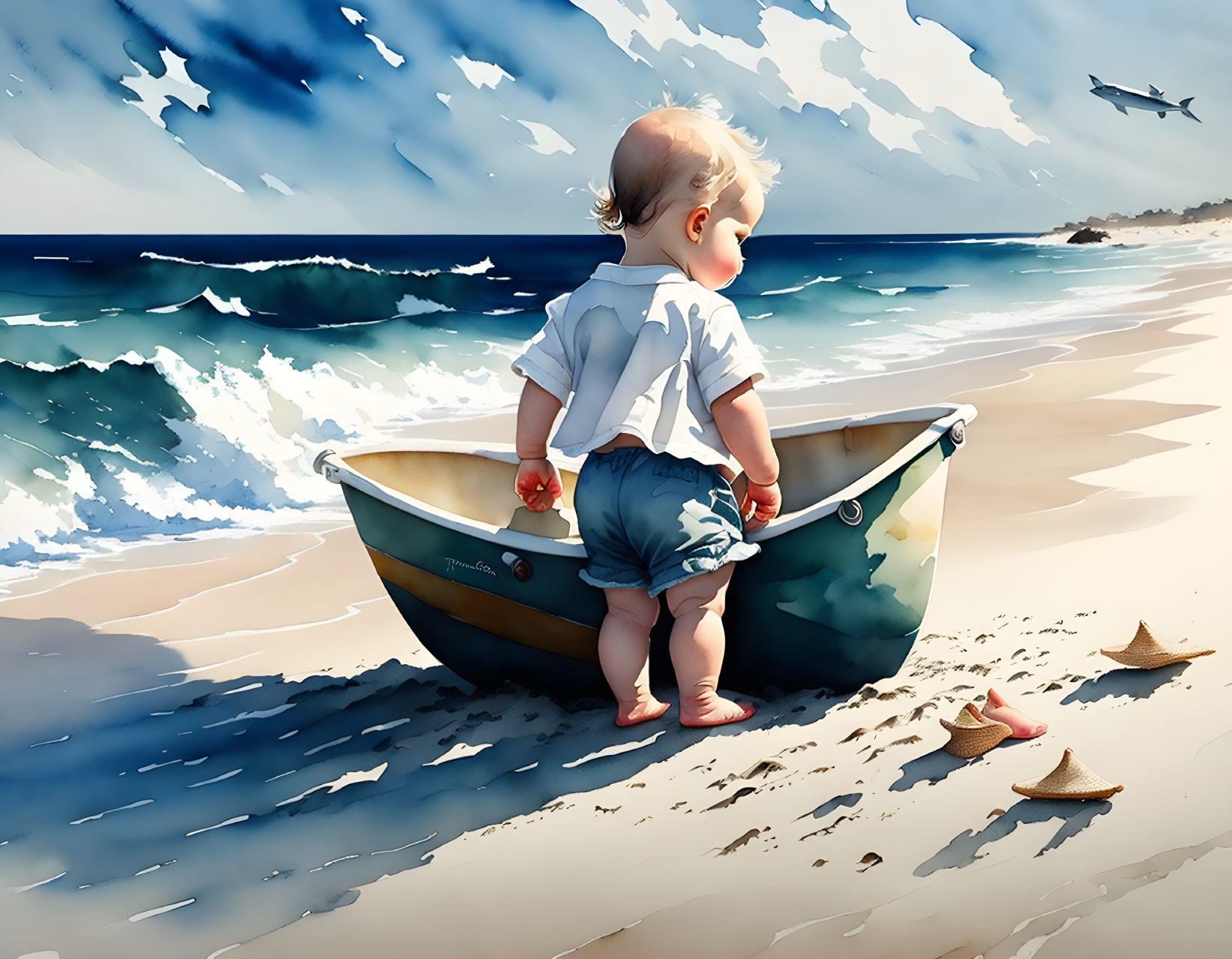 Toddler beside boat on sandy beach with starfish and birds.