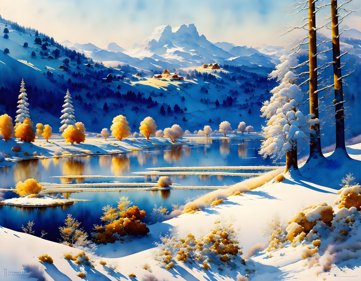 Snow-covered trees, mountains, lake, and sky in serene winter landscape