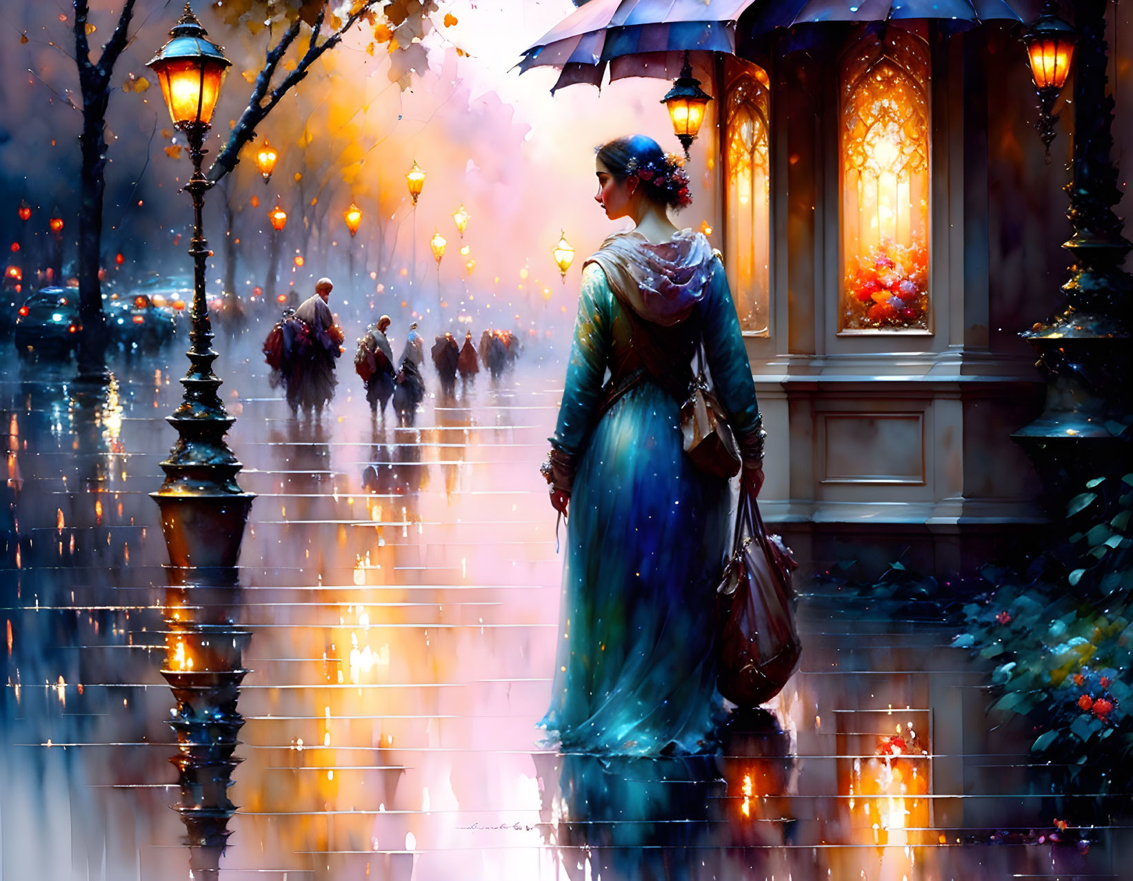 Woman with umbrella and bag on rain-kissed street with glowing lampposts