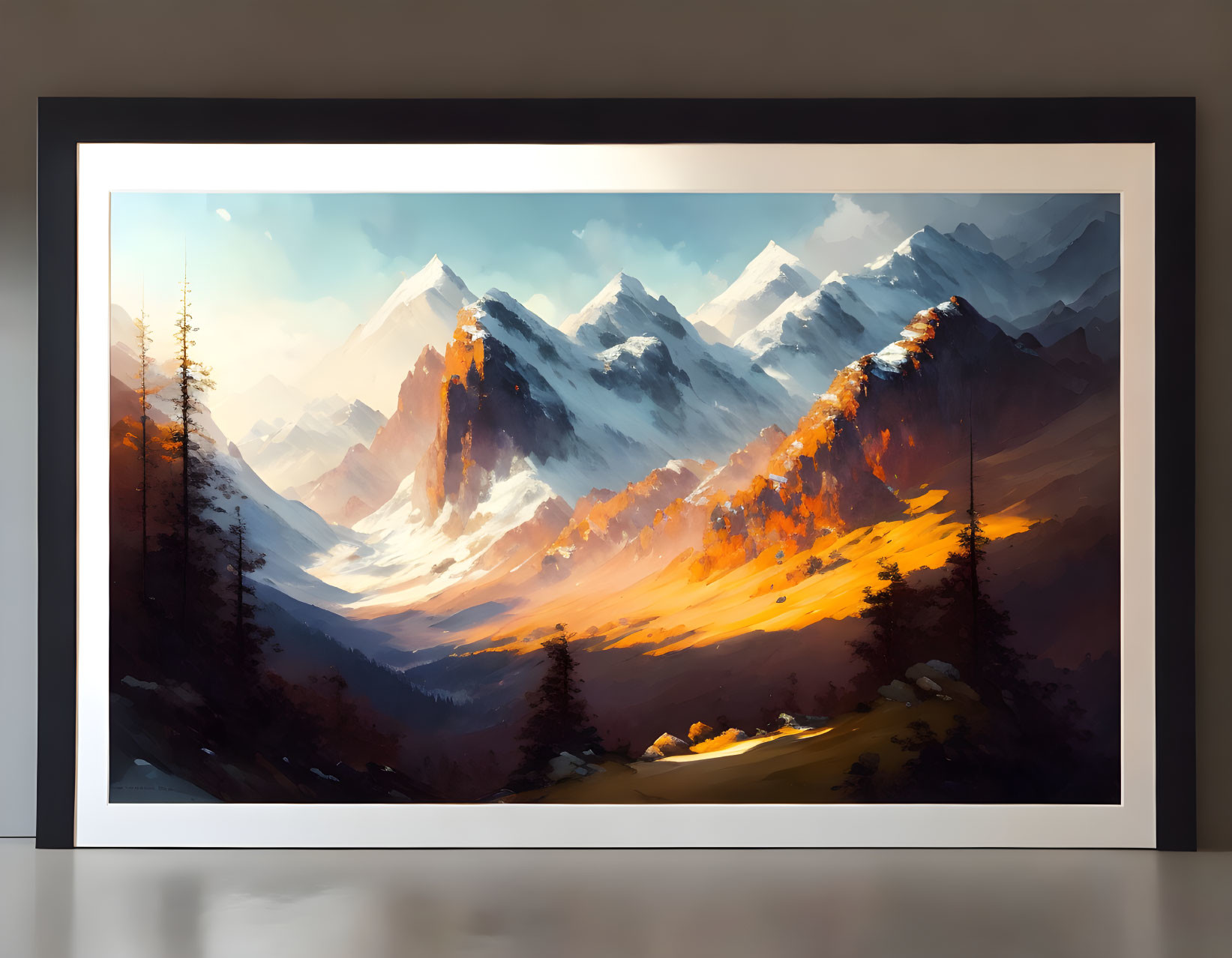 Mountainous Landscape Painting with Sunset Sky, Snowy Peaks, and Evergreen Trees