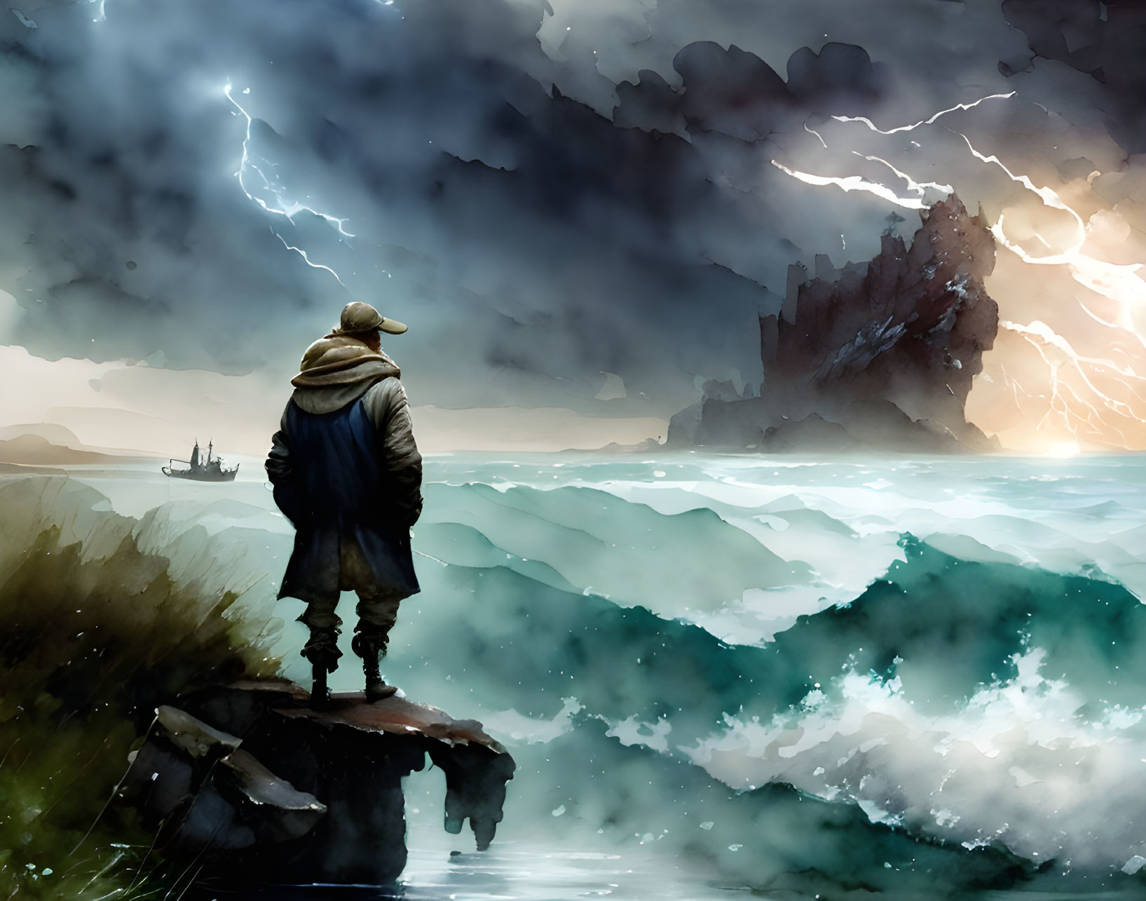 Figure on cliff gazes at stormy sea with ship in distance