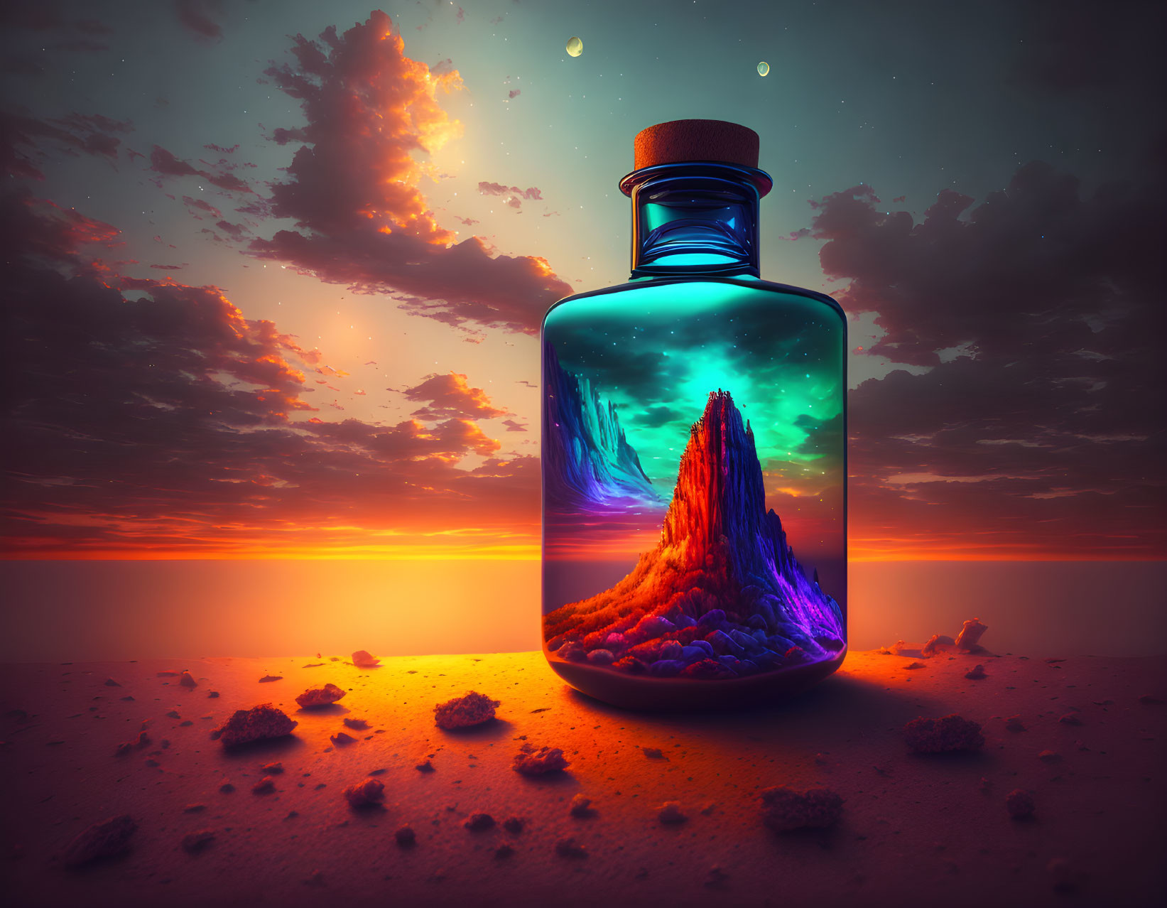 Fantasy landscape with mountain in a bottle under starry sunset sky