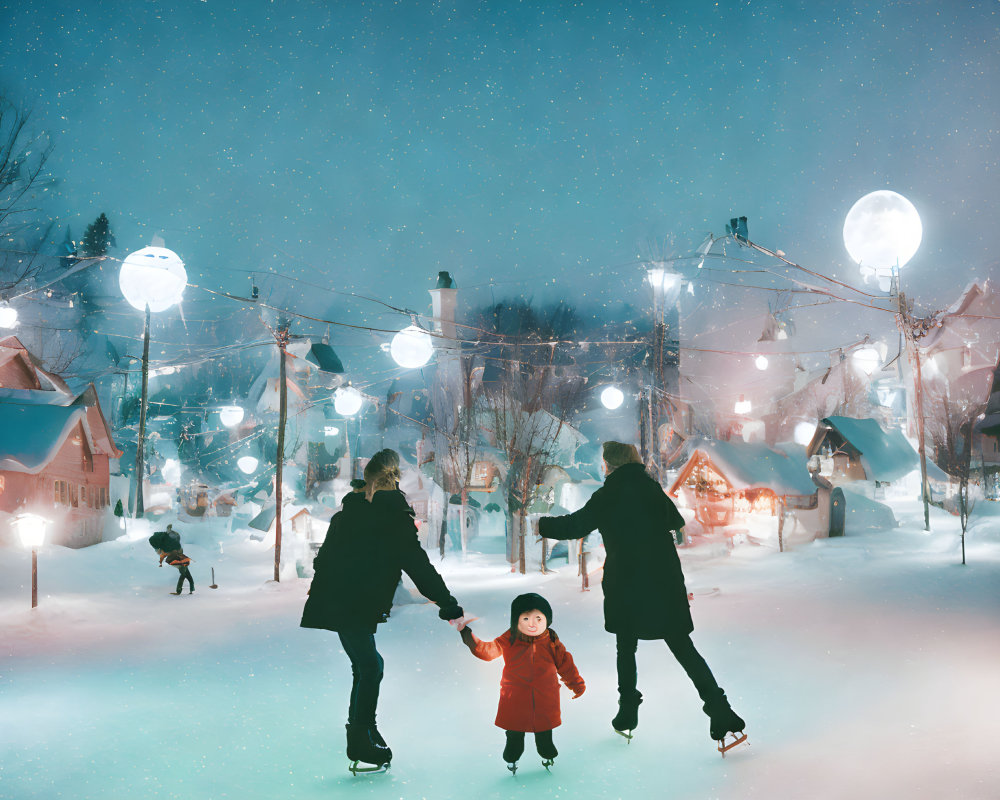 Family ice skating in snowy village with glowing street lamps