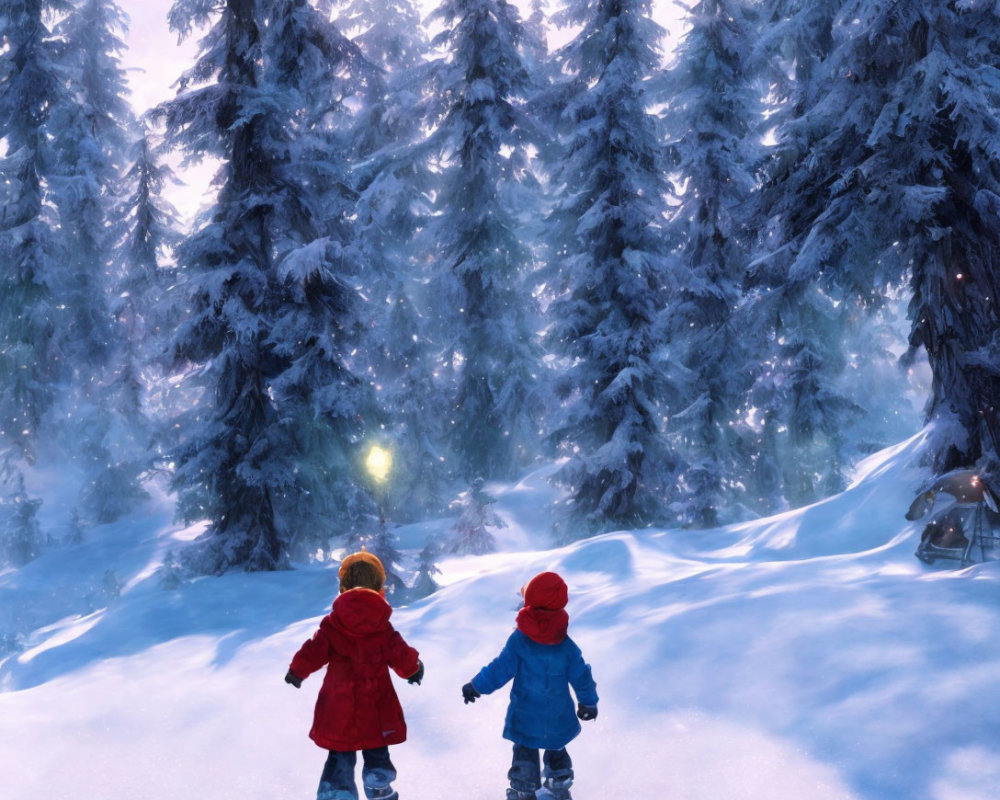 Children in colorful coats walking in snowy forest with sunlight and tall trees