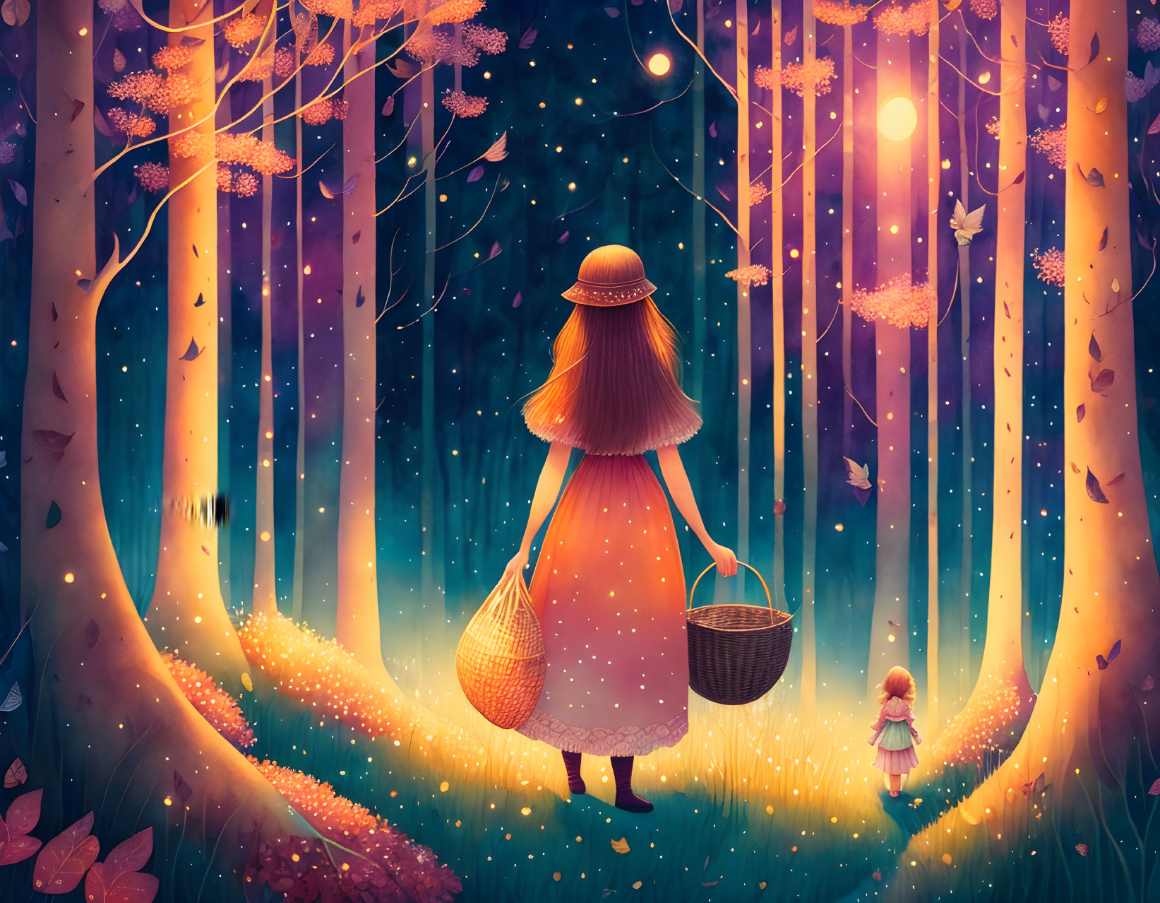 Girl with baskets walks in glowing forest with tiny self.