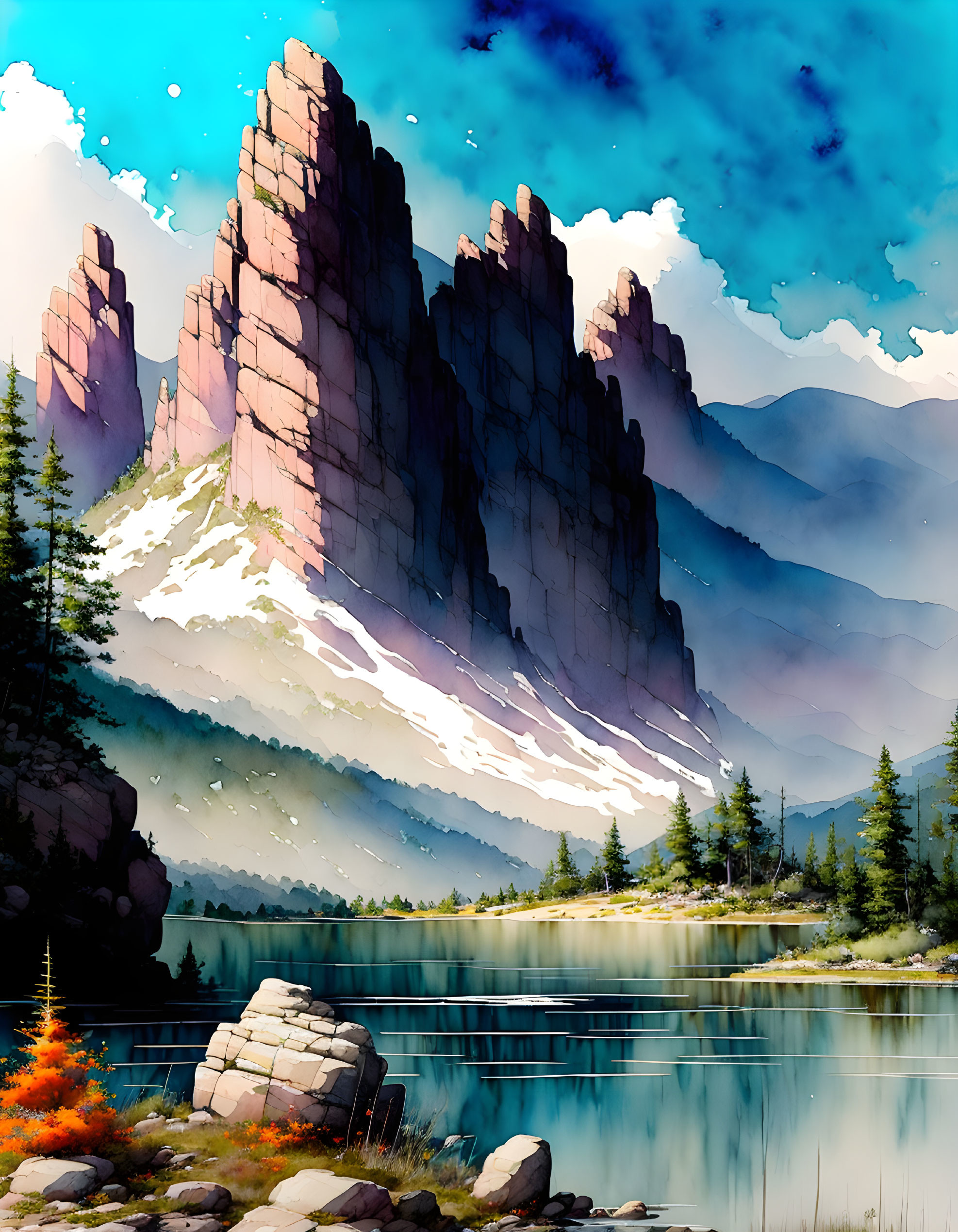 Serene mountain landscape with blue lake and rocky peaks