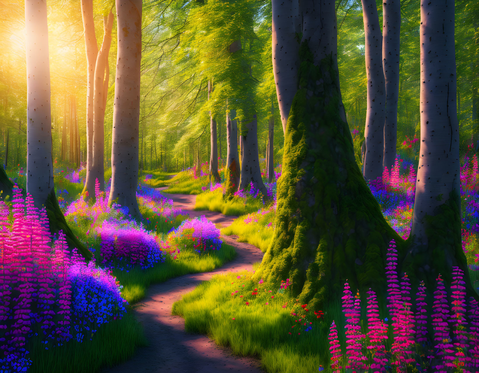 Tranquil forest path with wildflowers, tall trees, and warm sunlight.