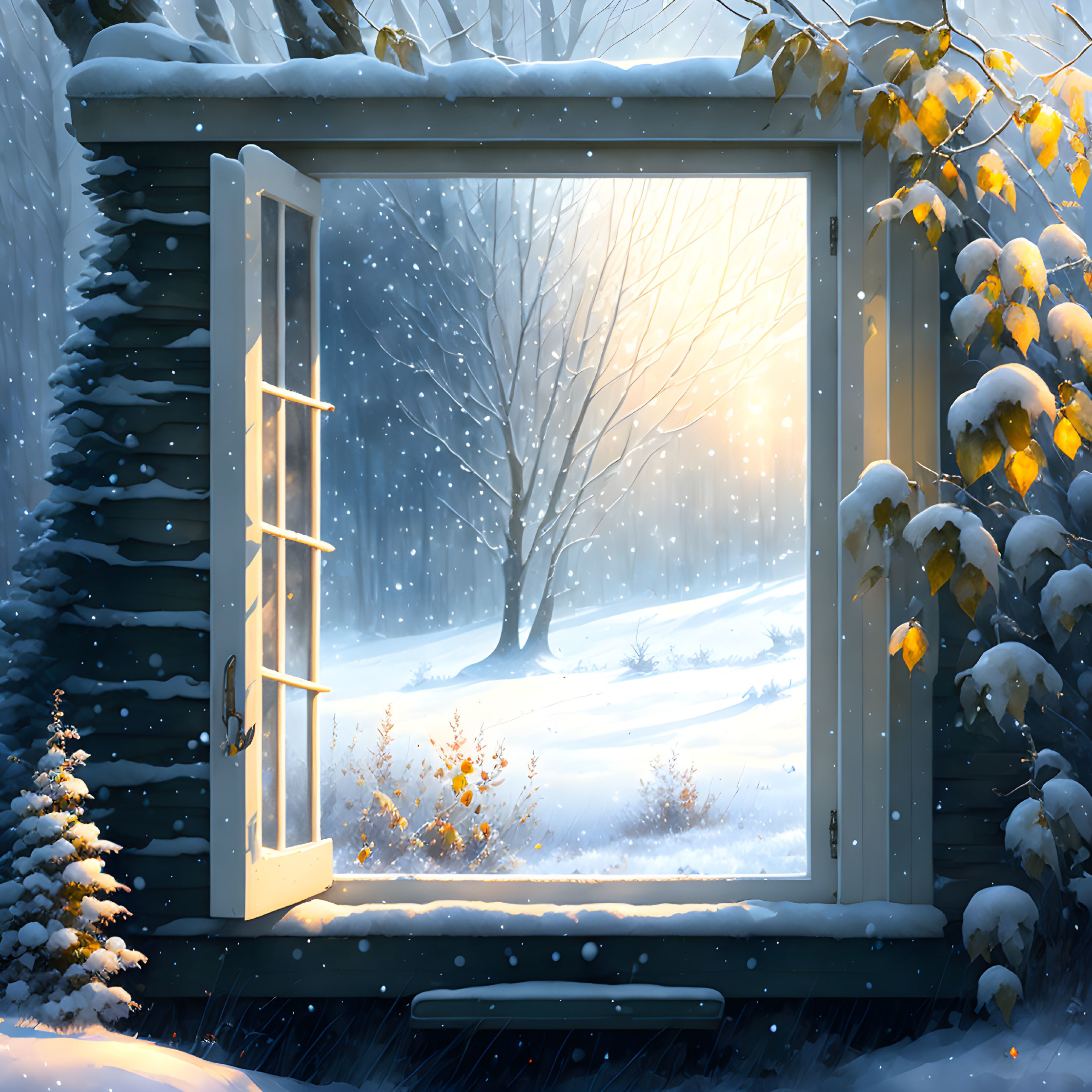 Snow-covered trees and falling snowflakes through open window