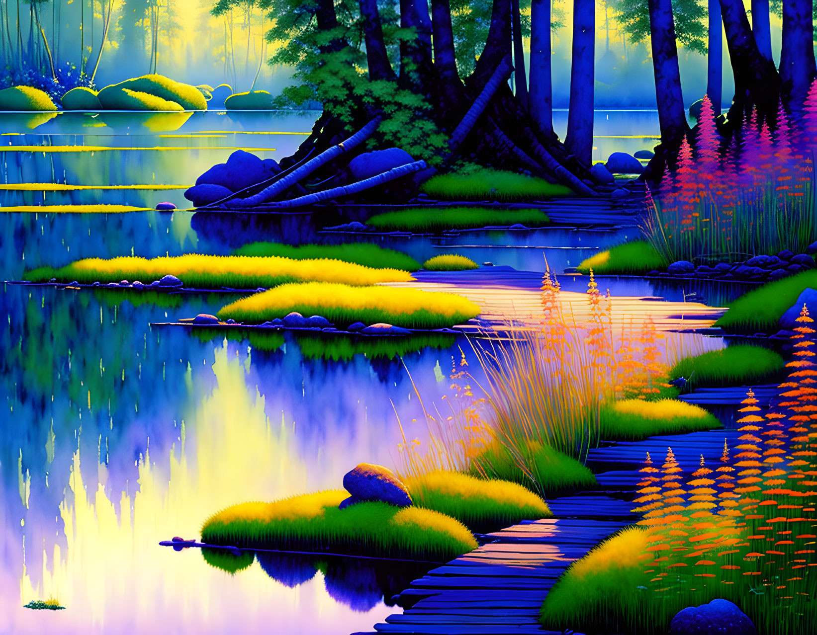 Scenic forest landscape with reflective lake and wooden footpath