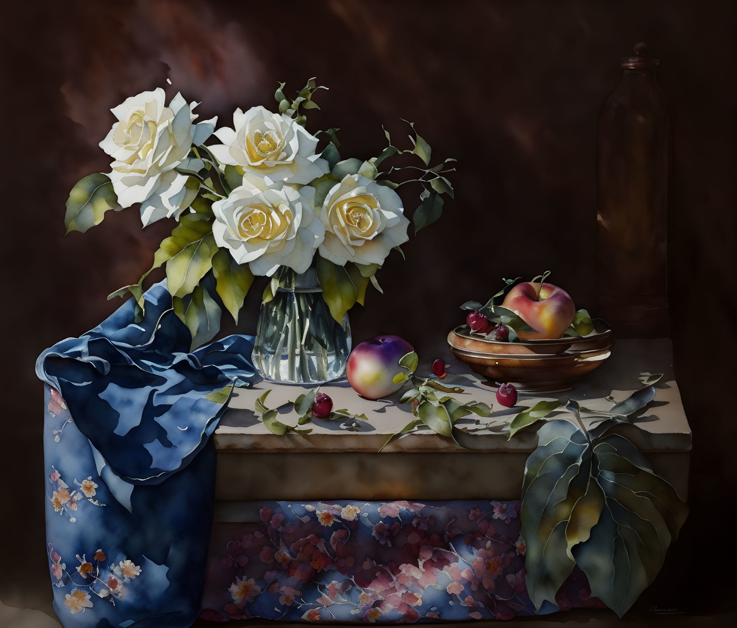 Classic Still Life Painting with Vase, Roses, Fruit, and Draped Cloth