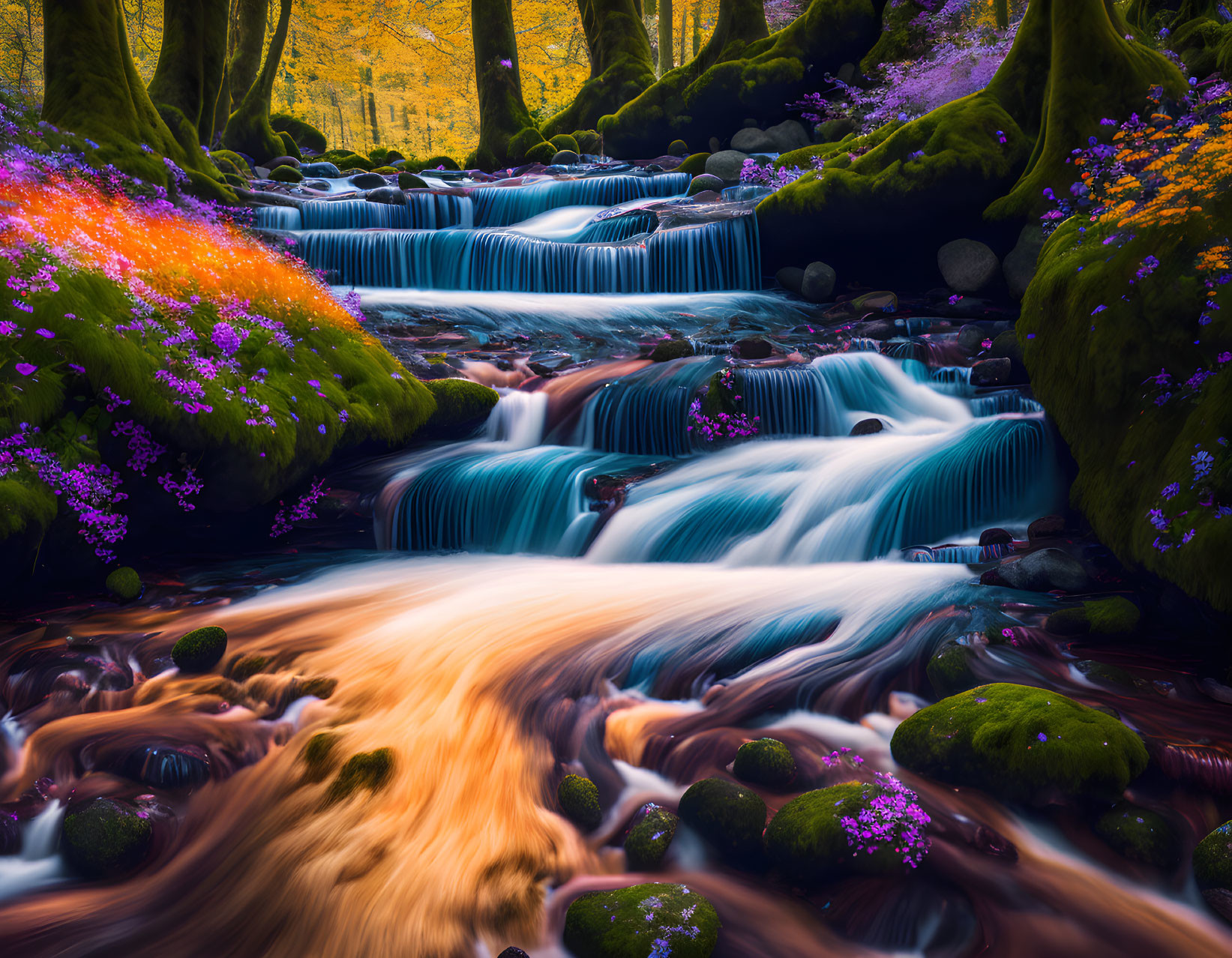 Colorful Forest Waterfall in Autumn Scene